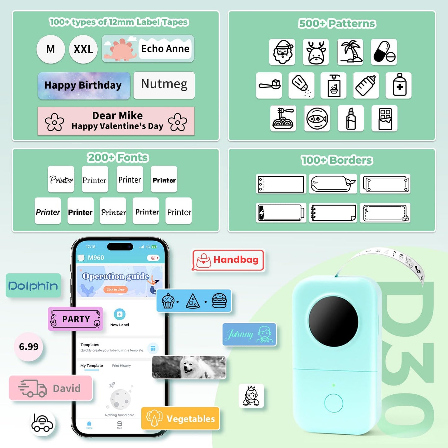 Phomemo D30 Etikettenprinter Bluetooth Label Maker Machine Zelfklevende Etiketteerapparaat Mini labelprinter voor Thuis, Keuken, School, Kantoor, Etikettenprinter Compatibel met iOS & Android