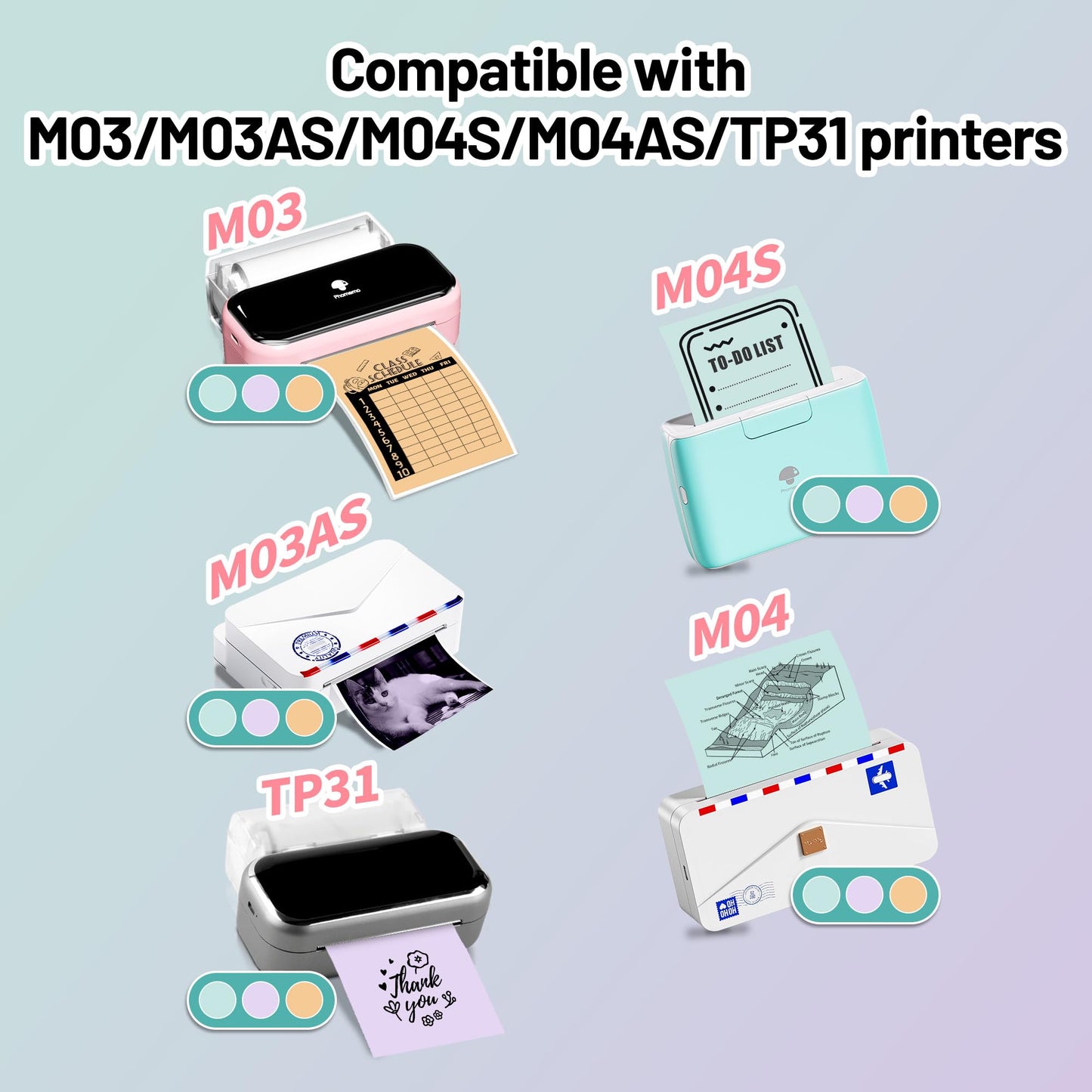 Phomemo Adhesive Thermal Sticker Paper for M832/M03/M03AS/M04S/M04AS Wireless Pocket Printer, Black on Green/Purple/Orange Paper, 3.03''(77mm) Width X 3.5m Length, 3 Rolls, Stored for 20 Years