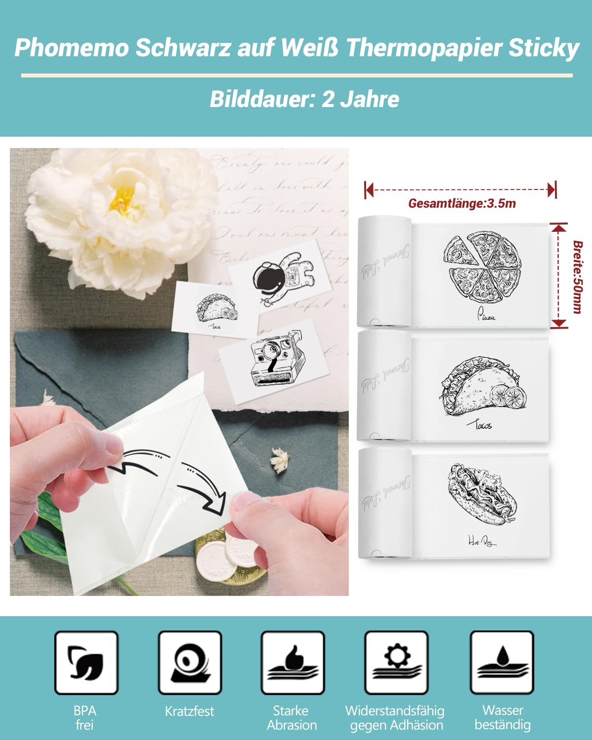 Papier f¨¹r Sticker Drucker, Drucker Papier f¨¹r Taschendrucker, Thermopapier f¨¹r T02/M02X/M02L, 2 Jahre Klebrig Phomemo Papier, Schwarz auf Wei? Liene Fotodrucker Papier, 3 Rollen 50mm*3.5m