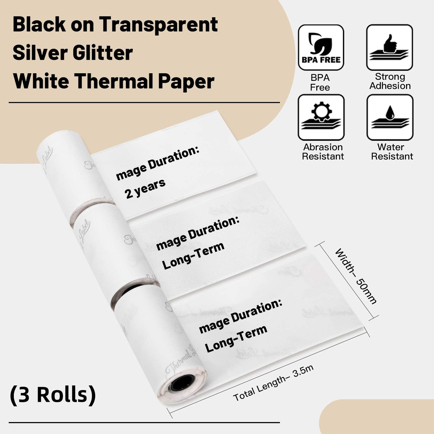 Phomemo Printer Paper - M02/M02Pro/M02S/M03/M03AS/M04S/M04AS Mini Sticker, Printer Paper, Transparent/Silver Glitter/White Paper with 53mm x 3.5m Adhesive Decal Paper, 3 Rolls