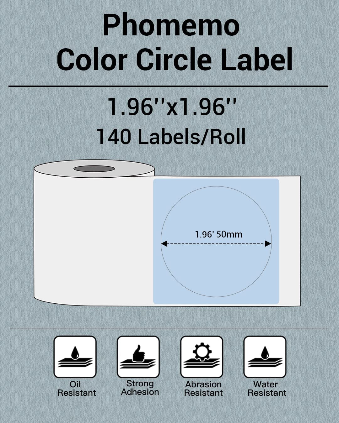 Phomemo, Etiketten voor M110, M200, M220, M120 M221 labelprinters, 50 x 140 mm, rond thermisch etiket voor barcode-etiketten, doe-het-zelf-logo-design, 1 etiketten/50 rol, lichtblauw