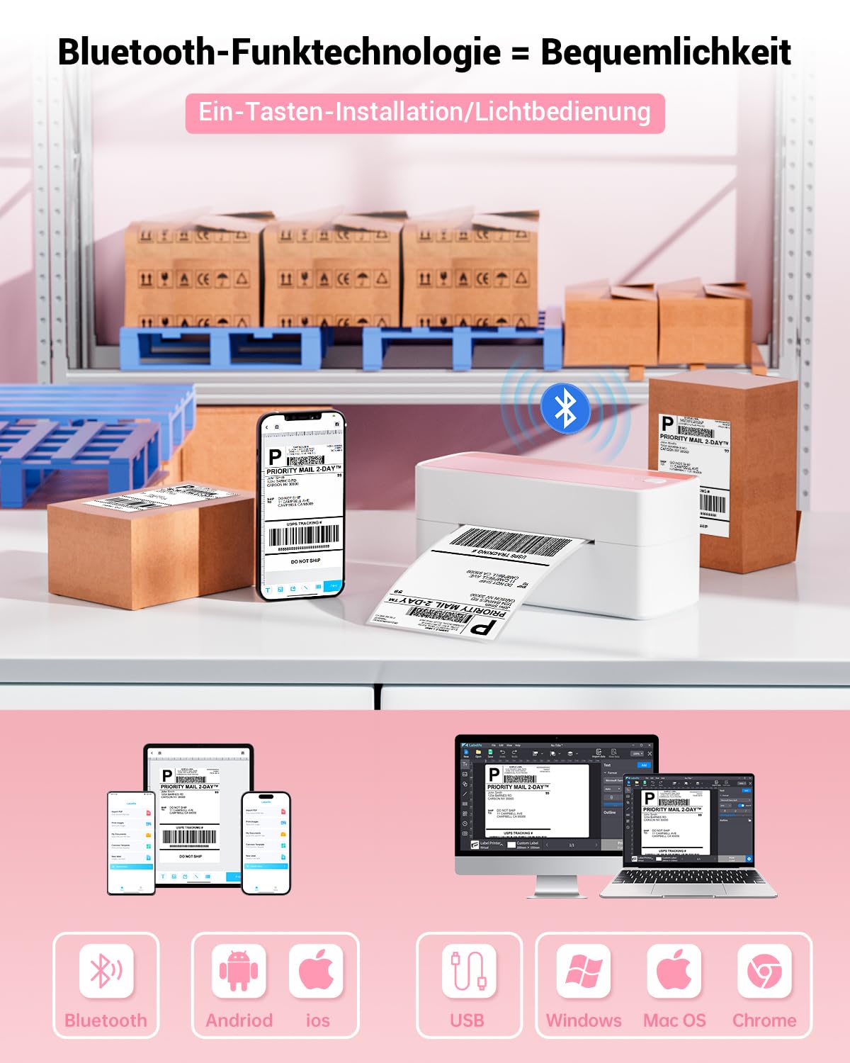 Phomemo Bluetooth etiket yaz?c?, DHL termal yaz?c? 4XL etiket yaz?c?s?, Mac/PC i?in, Nakliye etiket yaz?c?s?, barkod, Amazon, Ebay, Etsy & Shopify, DHL ups i?in etiket yaz?c?s? - pembe