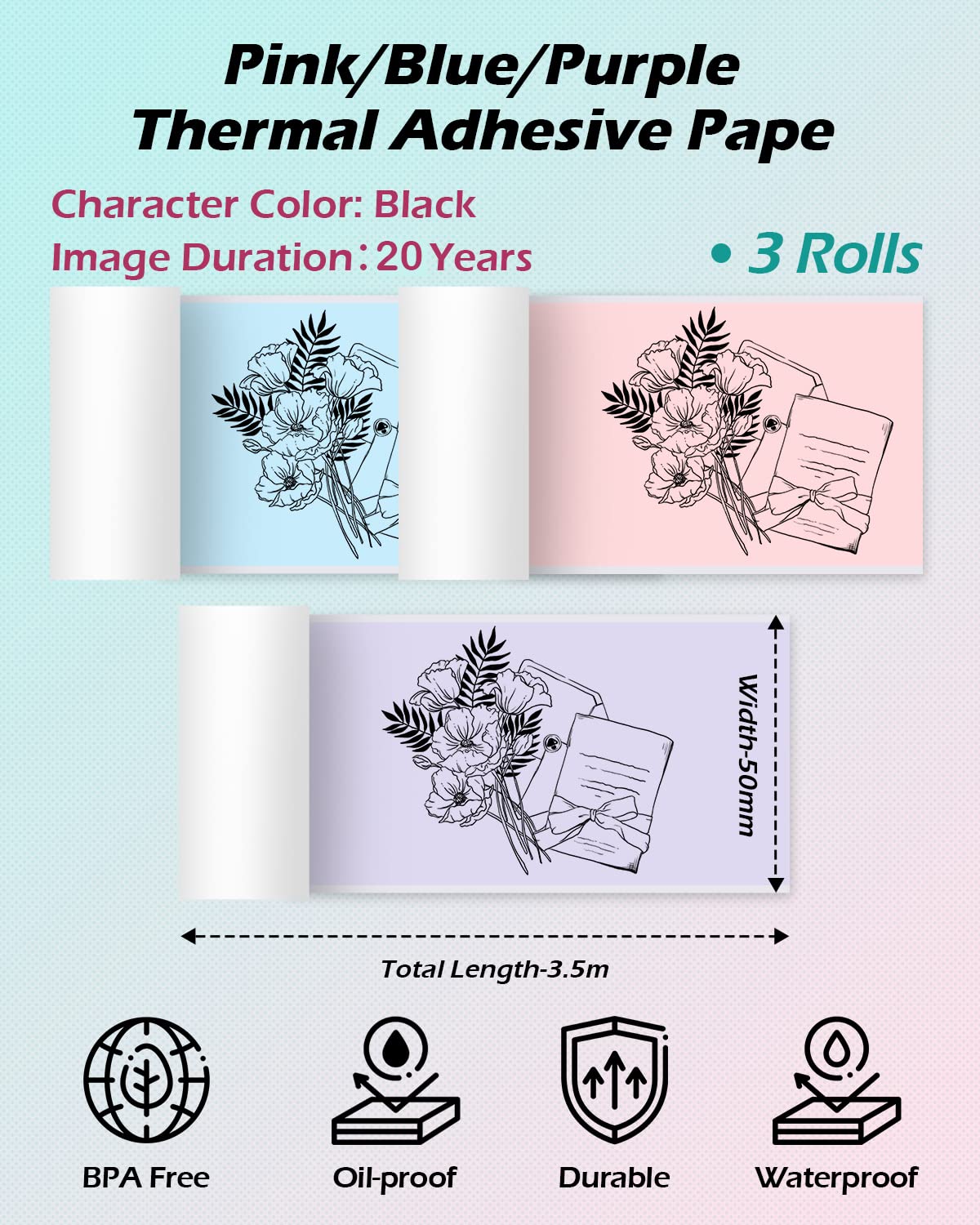 Phomemo Adhesive Thermal Sticker Paper for Phomemo M04AS/M04S Wireless Pocket Printer, Black on Light Purple/Pink/Blue Paper, 77mm Width X 3.5m Length, 3 Rolls, Stored for 20 Years