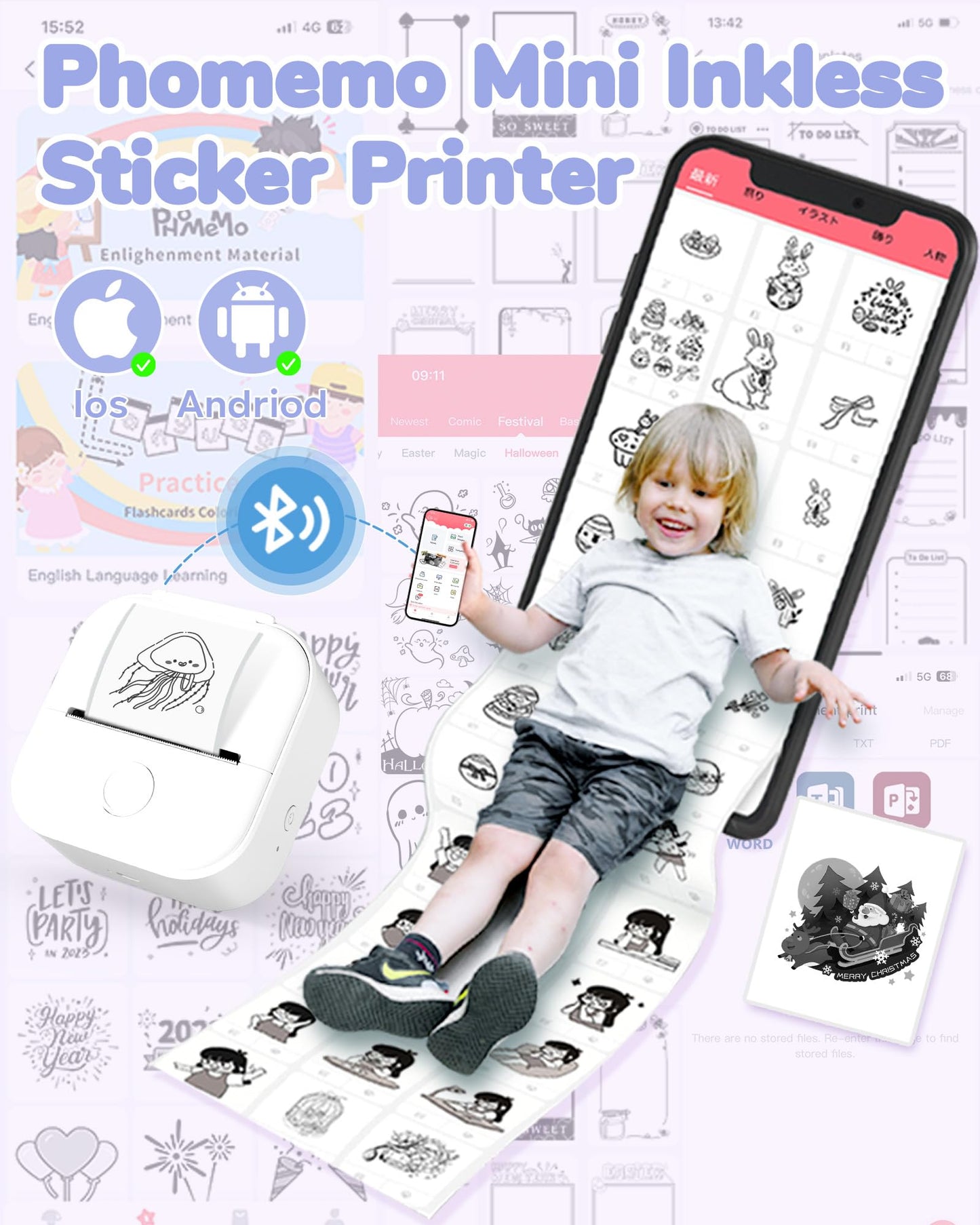 Phomemo Mini Thermal Printer,T02 Portable Printer,Wireless Photo Sticker Printers for Phone,Small Inkless Bluetooth Printer,Pocket Phone Printer Black and White Printing,Sticker Maker for Kids Study