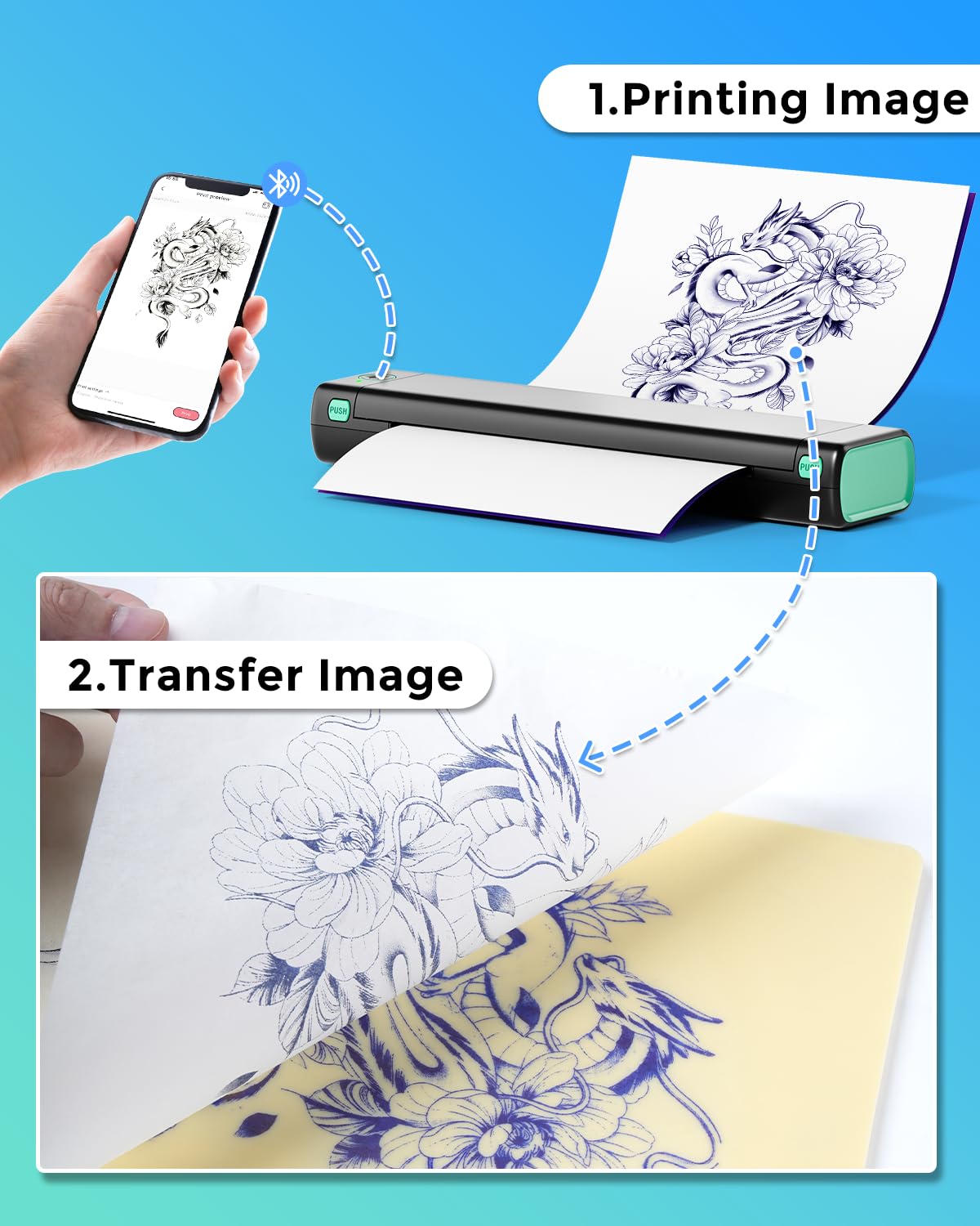 Phomemo Wireless Tattoo Stencil Printer, with Storage Case & 10 Pcs Tattoo Transfer Paper, Bluetooth Tattoo Transfer Printer for Tattoo Artists, Beginners, Compatible with Phone & PC
