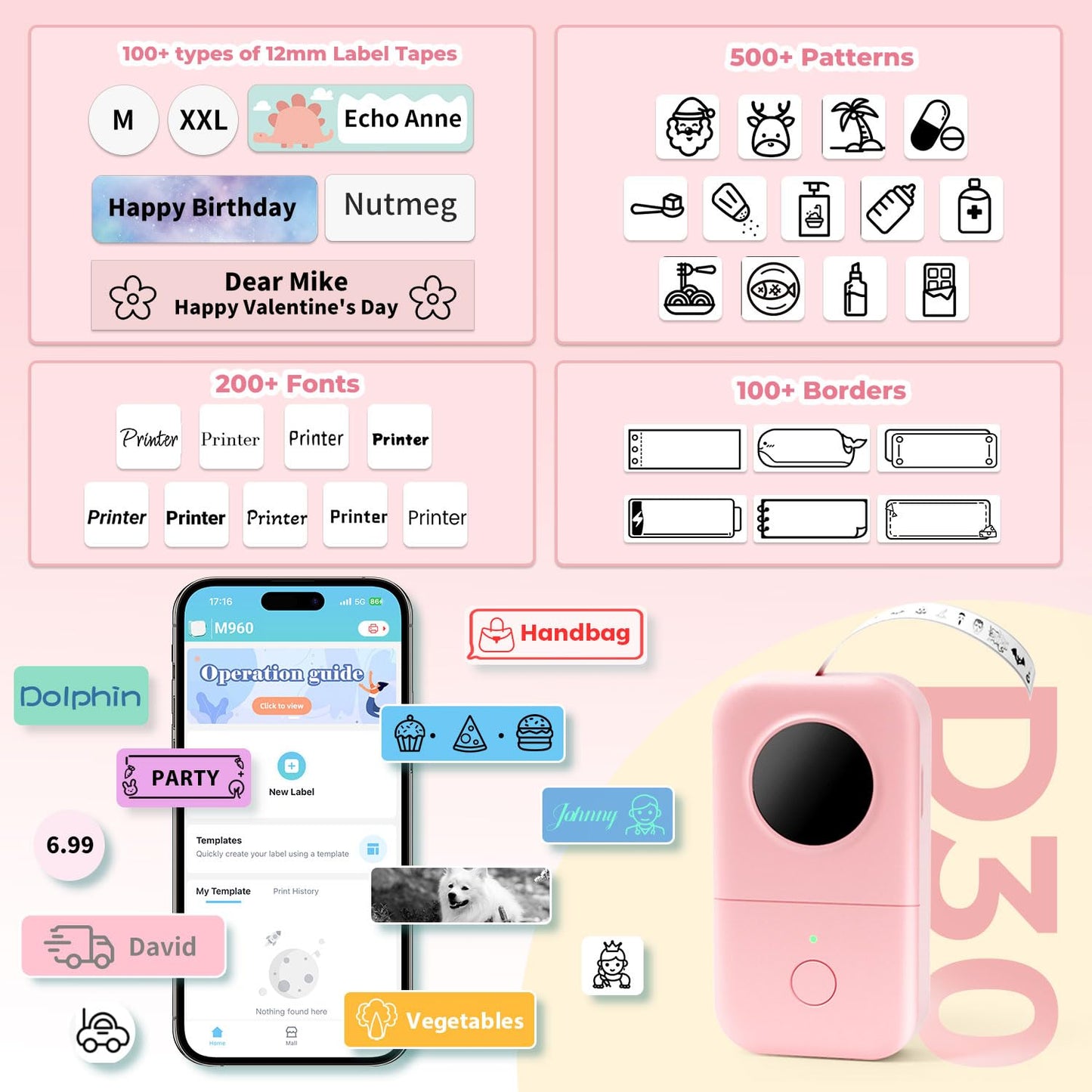 Phomemo D30 Etichettatrice Bluetooth, Mini Etichettatrice Etichette Adesive, Stampante Termica per iOS & Android,Bluetooth Stampante Etichette Autoadesive per La Casa, L'ufficio e la Scuola - Rosa