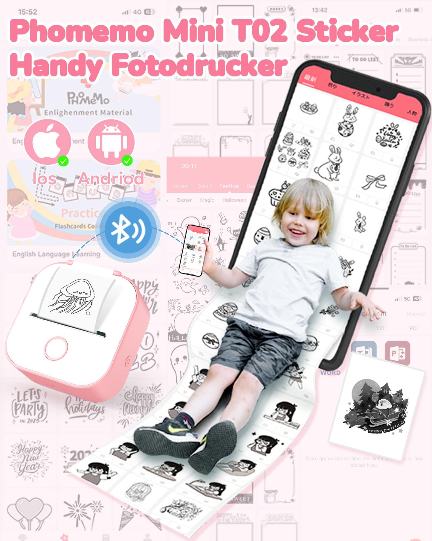 Phomemo Mini-labelprinter, T02 sticker, fotoprinter voor smartphone, mobiele telefoon, thermische printer, klein, met 3 rollen thermisch papier, 203dpi sticker, Bluetooth printbuddy printer, zwart en