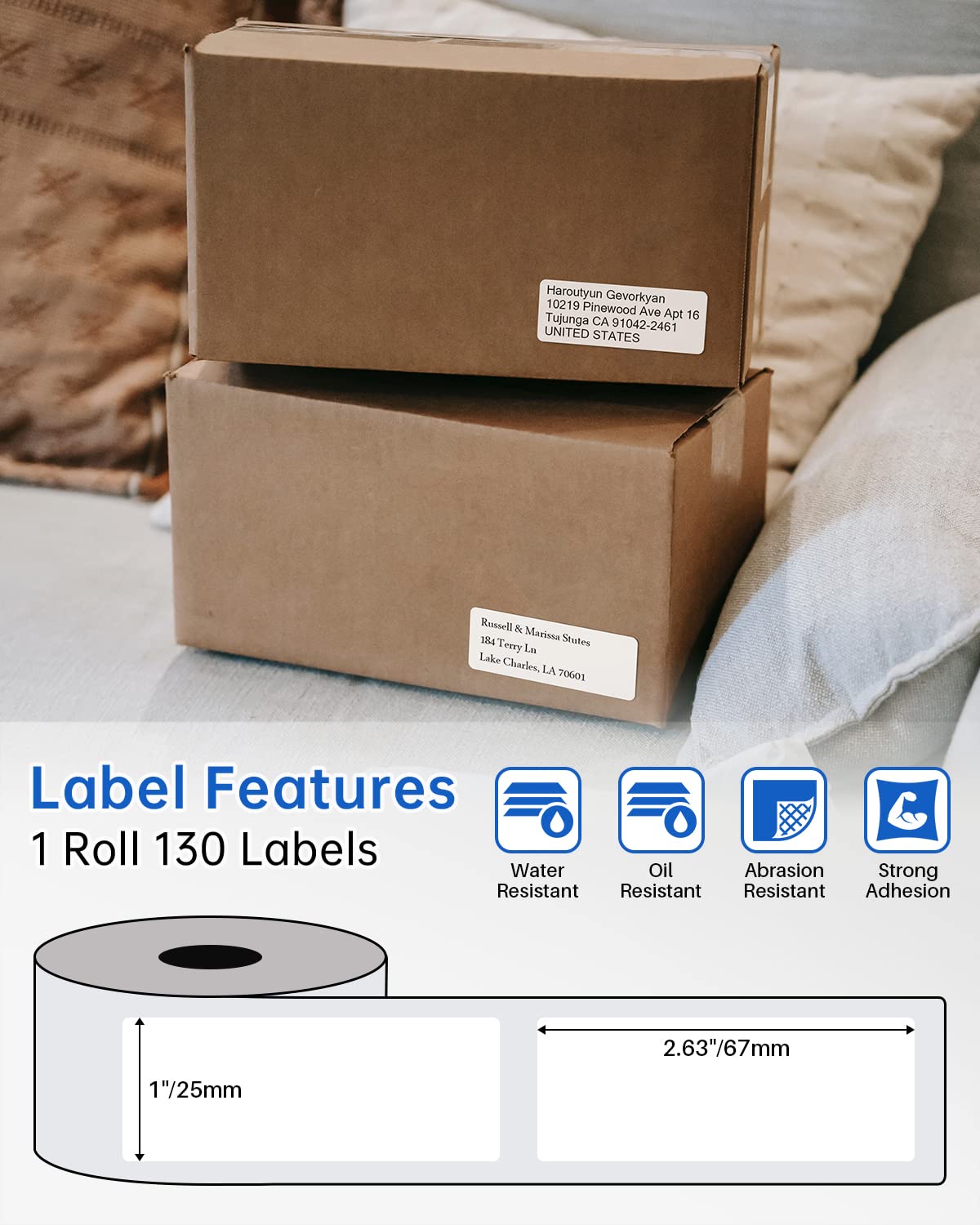 Phomemo 3 roll adhesive address labels for label printers M120/M220/M110/M200, 25 x 67 mm (0.98 x 2.64 inch), self-adhesive label paper, 130 labels/roll, white
