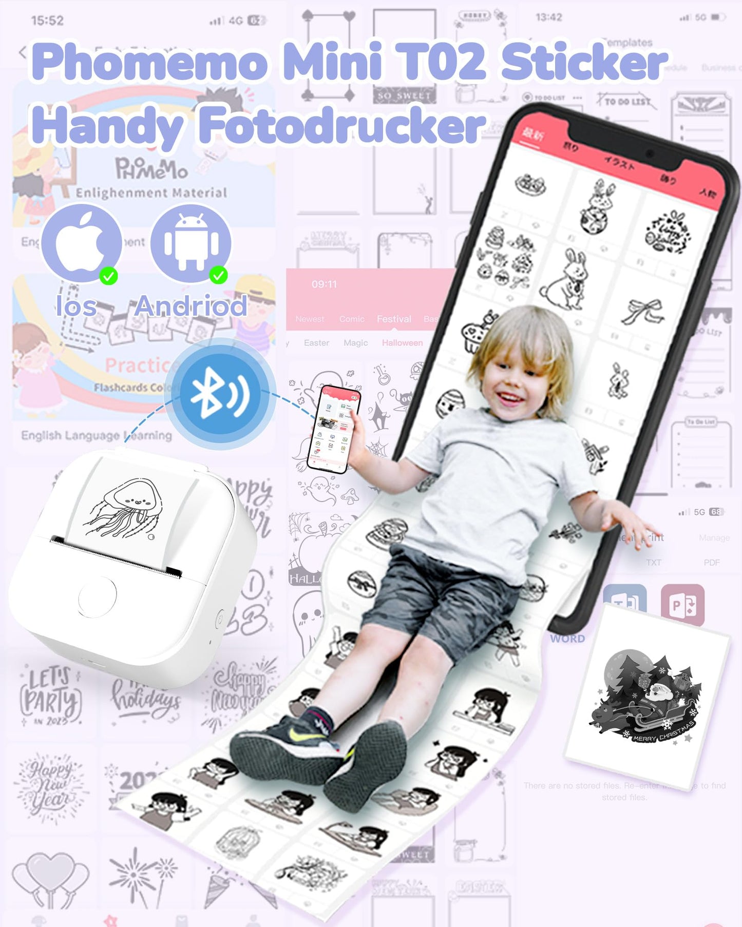 Phomemo Mini yazıcı, T02 cep telefonu fotoğraf yazıcısı, cep telefonu için, çıkartma, termal yazıcı, küçük, 50 - 53 mm siyah beyaz baskı, telefon ve tablet için, ofis, ev, okul odası için havalı küçük