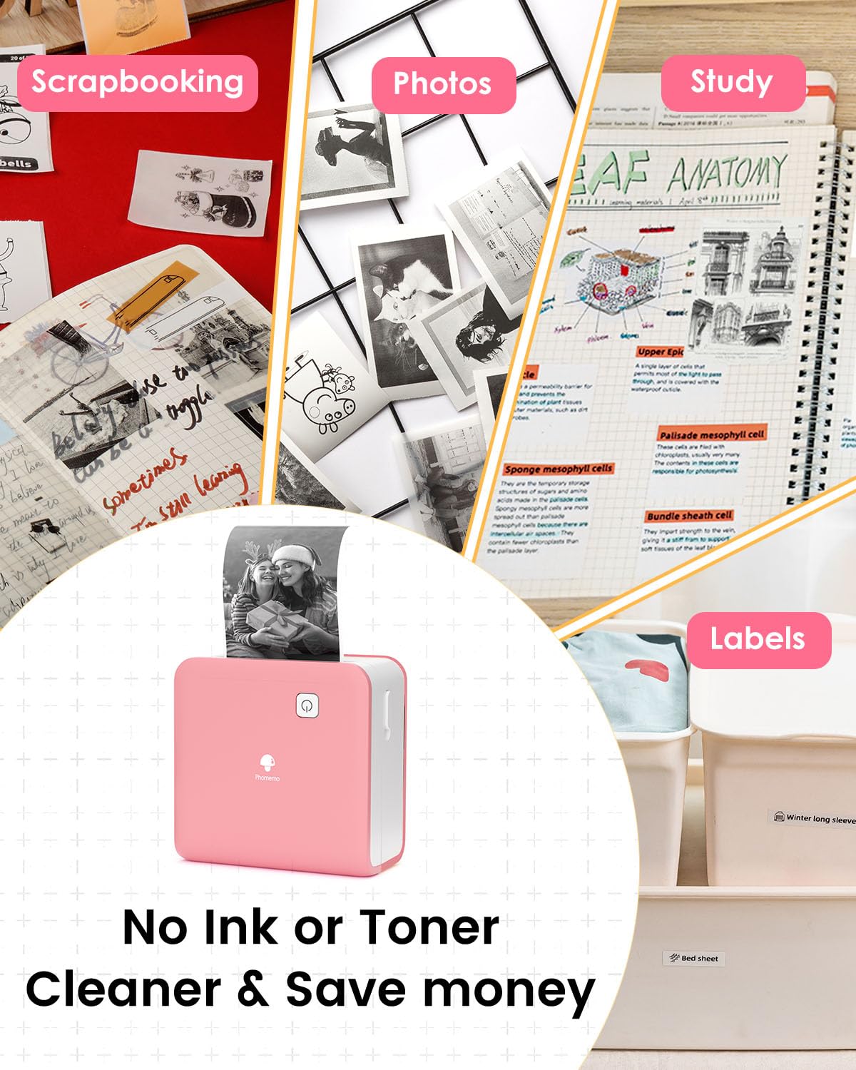Phomemo Bluetooth printer, thermal photo printer, mini sticker, printer, mobile phone, pocket printer, 300 DPI resolution for iOS and Android system, suitable for study, photo printing, work, memo,