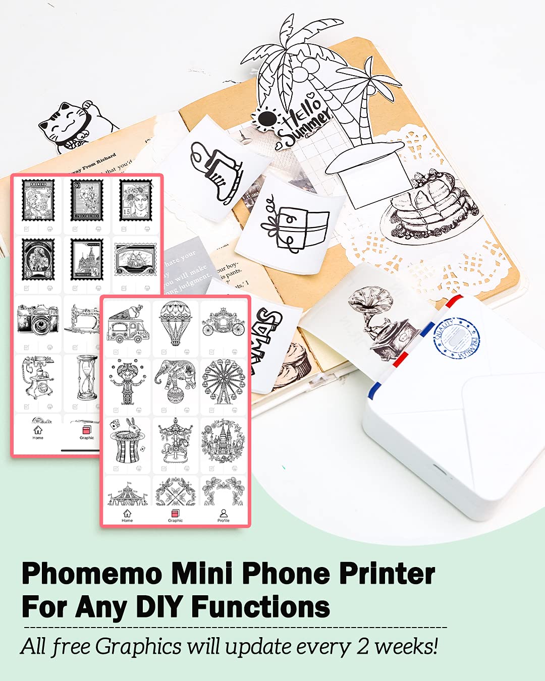 Phomemo 300dpi Pocket Printer- M02S 2inch Bluetooth Thermal Note Printer for Photo Printing, Study Notes, DIY, Work List, Sticker, with Total 6 Rolls Paper, Compatible with iOS and Android, White