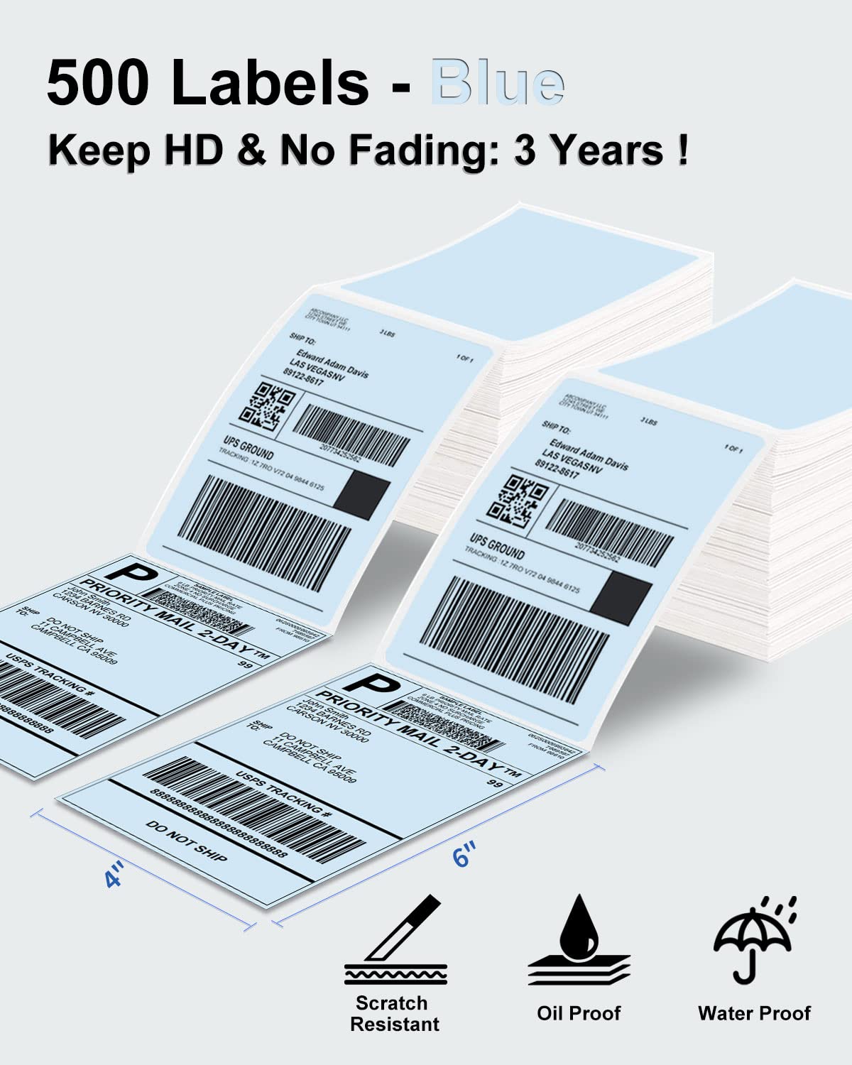 Phomemo Thermal Direct Shipping Label - 4'' x 6'' Fan-Fold Labels, 500 pcs, Permanent Adhesive, Commercial Grade Postage Thermal Labels - Blue