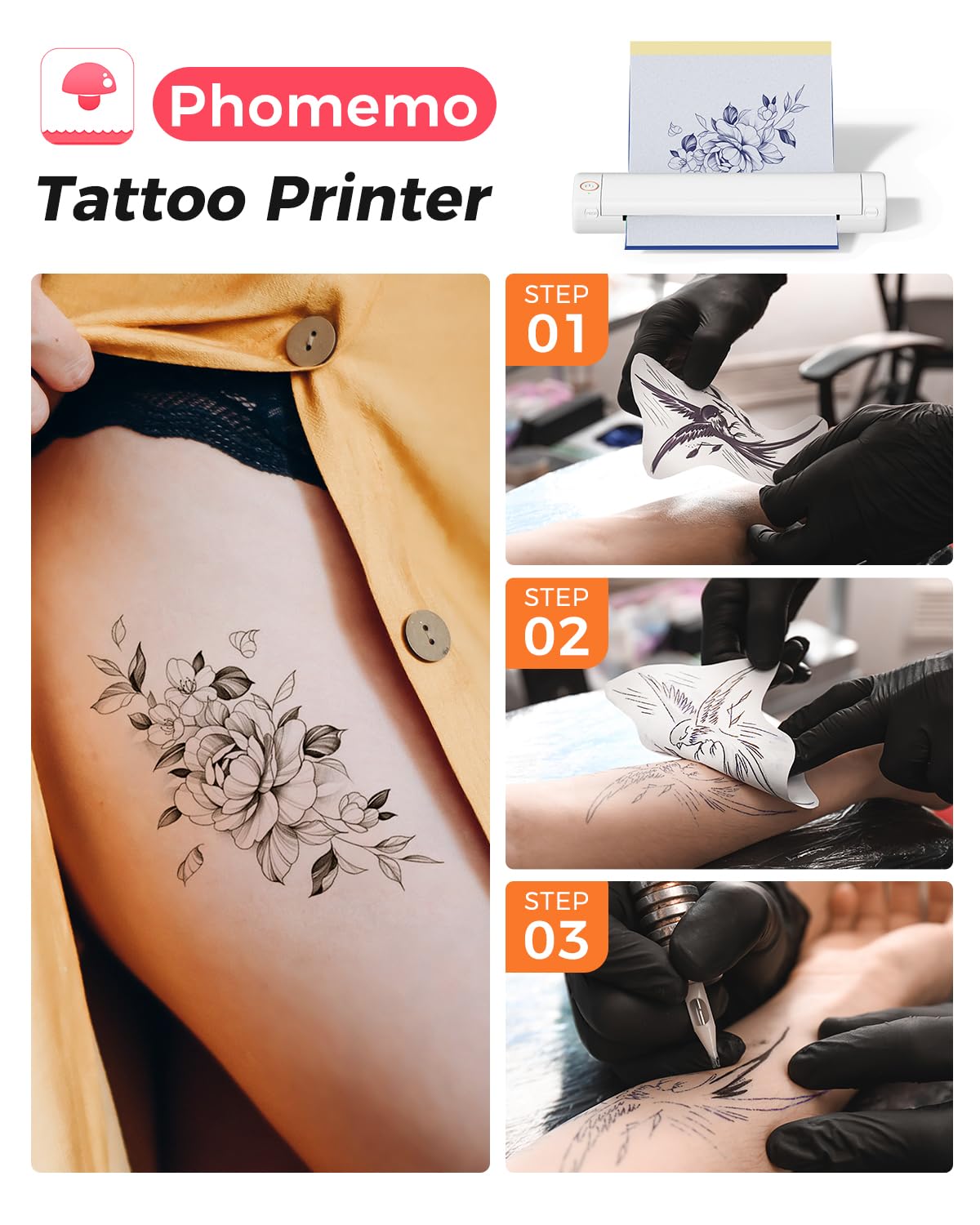 Phomemo Tattoo Stencil Printer, M08F Bluetooth Tattoo Printer for Tattoo Studios, Artists & Beginners, Wireless Tattoo Machine Compatible with Phone, iPad & PC, with 1 Case & Tattoo Transfer Paper