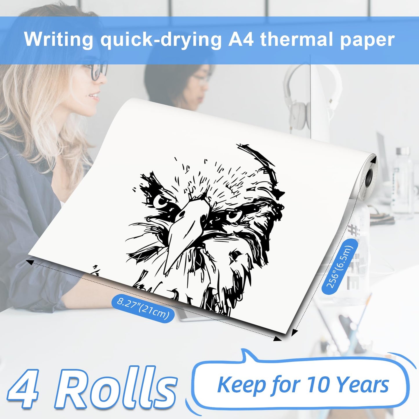 Phomemo A4 Quick-Dry Continuous Thermal Paper, 8.27''x11.69'' (210mm*297mm) Width, Black Text, 4 Rolls in Box. Compatible with Phomemo M08F/M832/M833 Portable A4 Printer. Storage for 10 Years.
