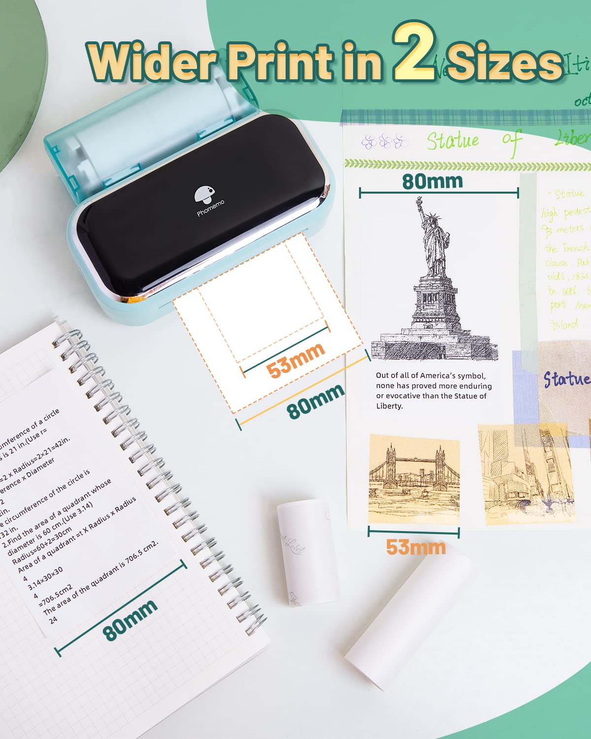Phomemo Printer, M03 3 inch Portable Phone Printer, Inkless Thermal Printer Bluetooth Sticker Printer for Study, Notes, Images, Journal, DIY, Comaptible with Phone & Tablet, Green