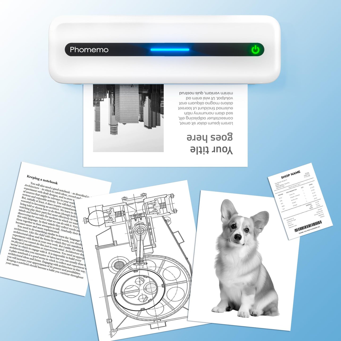 Phomemo Portable Thermal Printer, M832 Wireless Bluetooth Printer, Inkless Printer for Phone Laptop, Support 8.5'' X 11''/A4/2.08''/3.15''/4.33'' Thermal Paper, Small Travel Printer for Car Office Home