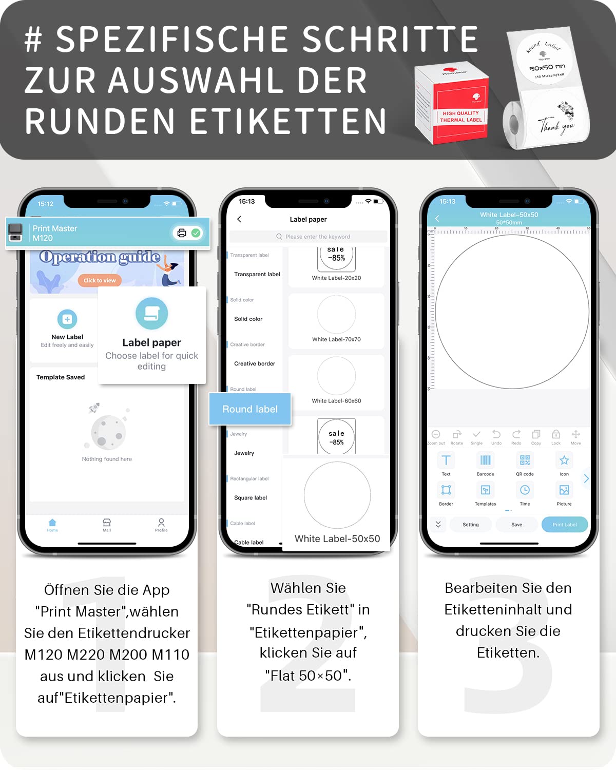 Phomemo Thermische sticker voor labelprinter M120/M220/M110/M200, 1,96 inch x 1,96 inch (50 x 50 mm), rond stickerpapier voor logo-afdrukken, markering van huishoudelijke artikelen enz.