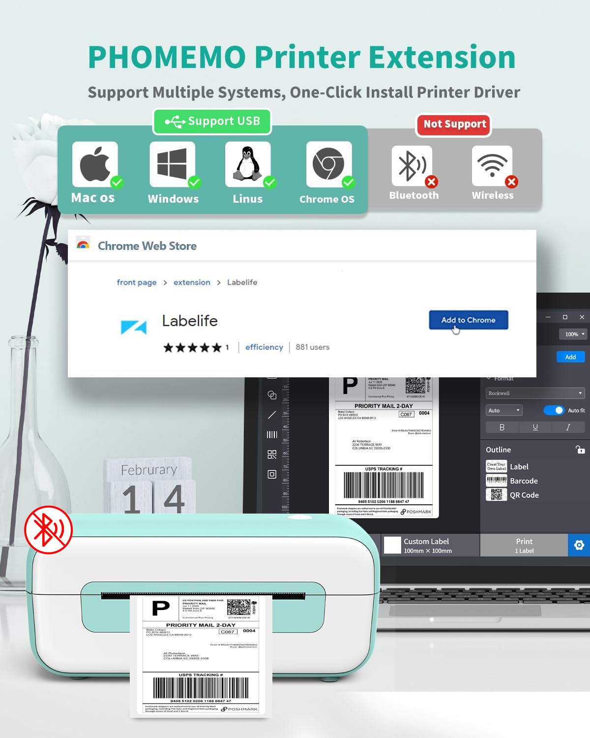 Thermal Label Printer, USB Shipping Label Printer 4x6, Commercial Direct Desktop Label Printer for Small Busines, Compatible with Amazon, Ebay, Shopify, Etsy, UPS, USPS, FedEx, DHL (Green)