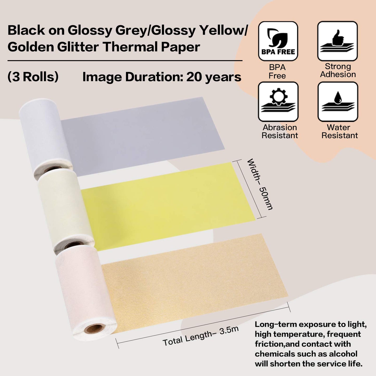 Phomemo Printer Paper - M02/M02Pro/M02S/M03/M03AS/M04S/M04AS Mini Sticker Printer Paper, Gold/Yellow/Grey Mini Pocket Printer Paper in Adhesive Decal Paper, 3 Rolls
