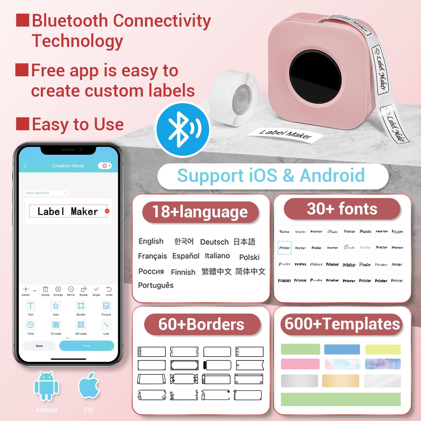 Phomemo Q30S Bluetooth Label Maker Machine with tape,Mini Thermal Wireless Label Printer Handheld for iOS & Android, Portable Sticker labeling Machine for Home,OfficeSchool-With 1 Roll Label (Pink)