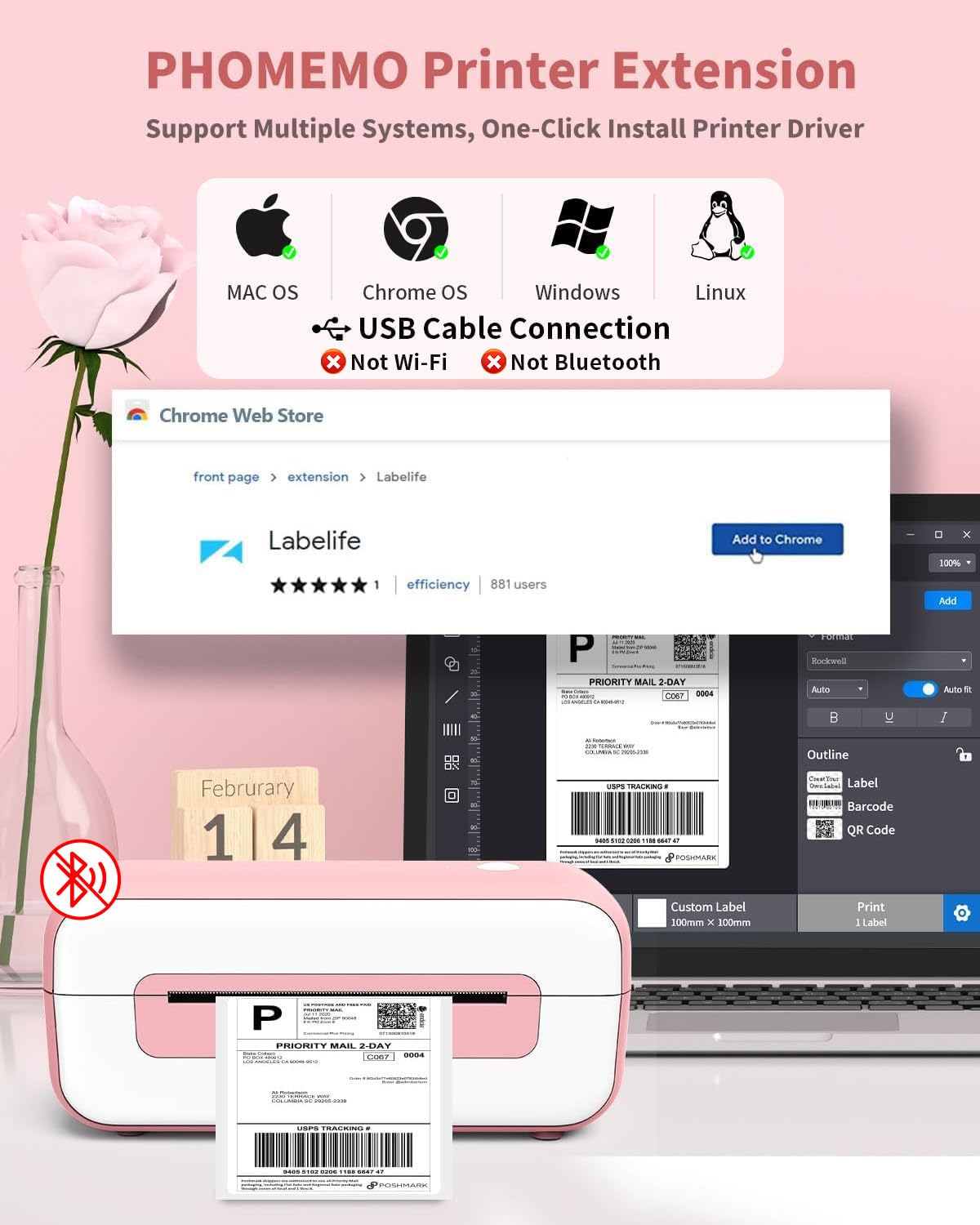 Pink Thermal Label Printer 4x6, Shipping Label Printer for Small Busines, Compatible with Amazon, Ebay, Shopify, Etsy, UPS, FedEx, DHL, etc