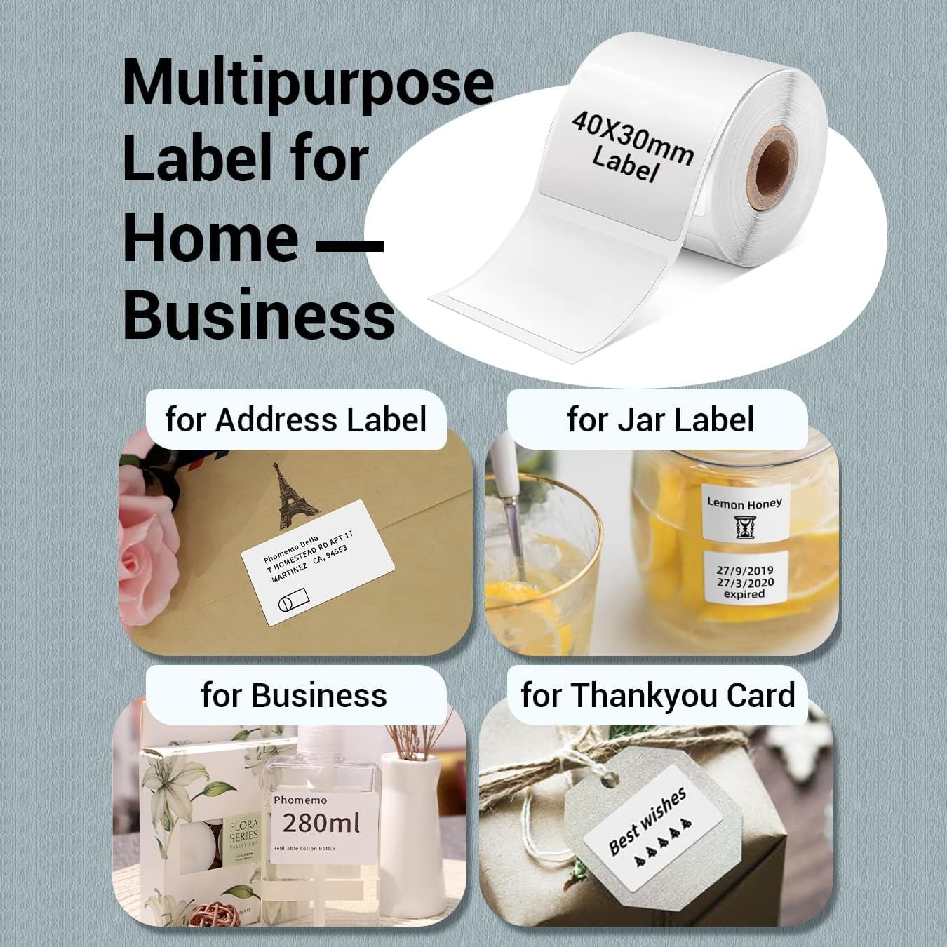 Square Adhesive Labels for Phomemo M110/M221/M220/M120/M200/M110S,1.57''x1.18''(40x30mm),230 Labels/Roll, Black on White