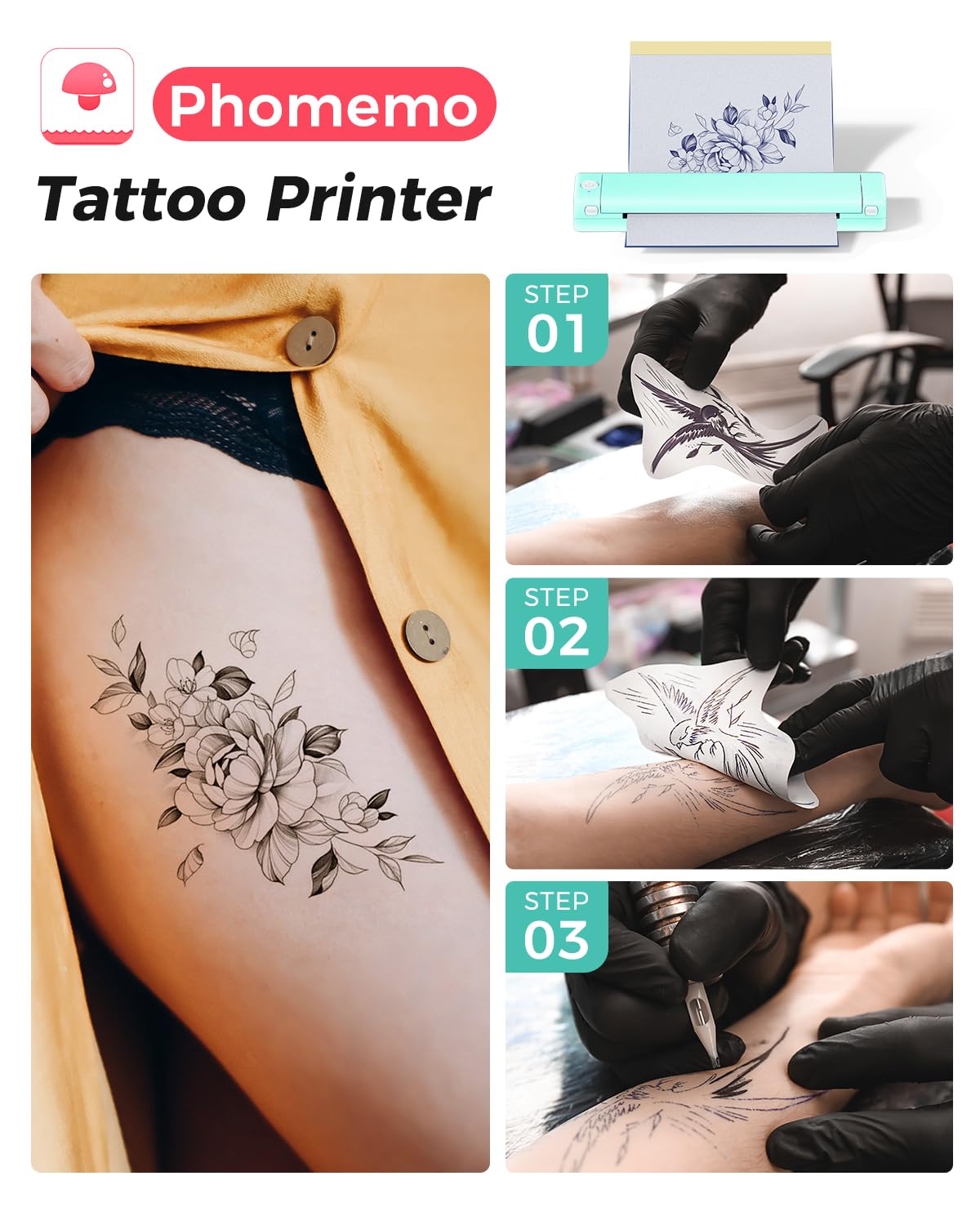 Phomemo Tattoo Stencil Printer, M08F Wireless Stencil Printer for Tattooing, Bluetooth Tattoo Printer Machine Compatible with Phone, iPad & PC, with 1 Case & Tattoo Transfer Paper