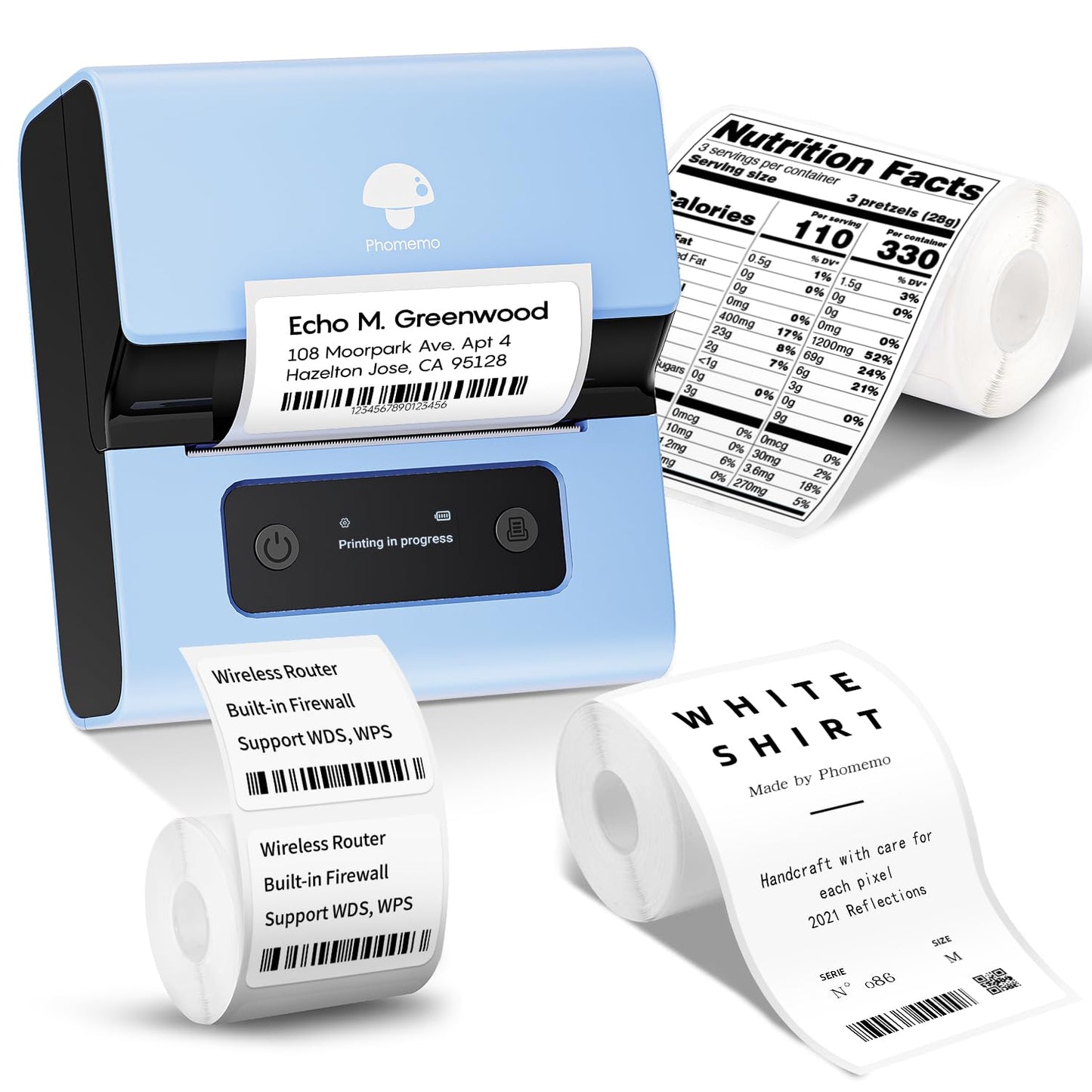 Phomemo New M221 Label Printer, Flagship 3'' Bluetooth Thermal Portable Label Maker - for Address, Barcode, Small Business, Office, Home for Phone, PC/Mac, with 3pack Most Used Labels, Sky Blue