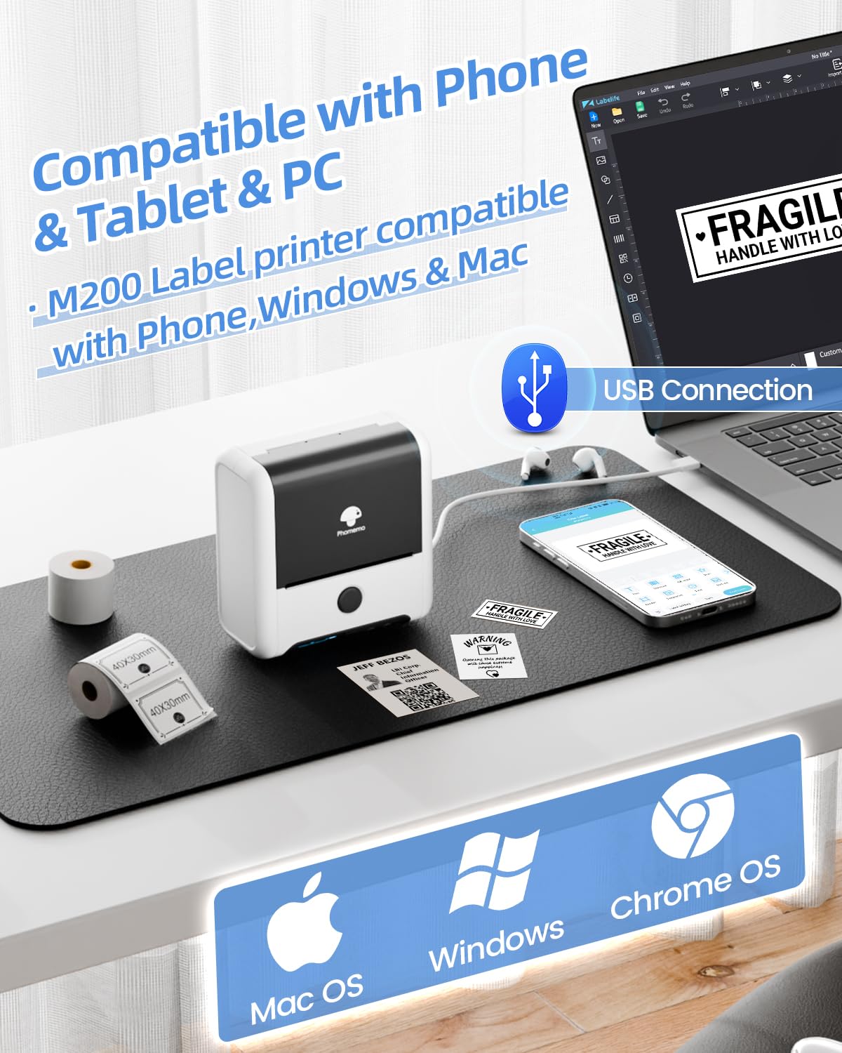 3 Etiket Rulolu Phomemo M200 Etiket Yaz?c?s? - 80mm Termal Bluetooth Etiket Yaz?c?s? Etiket Yap?c? Etiket Yaz?c?s?, Barkod, Perakende, Ofis, K¨¹?¨¹k ??letmeler i?in, Android ve iOS i?in - Beyaz