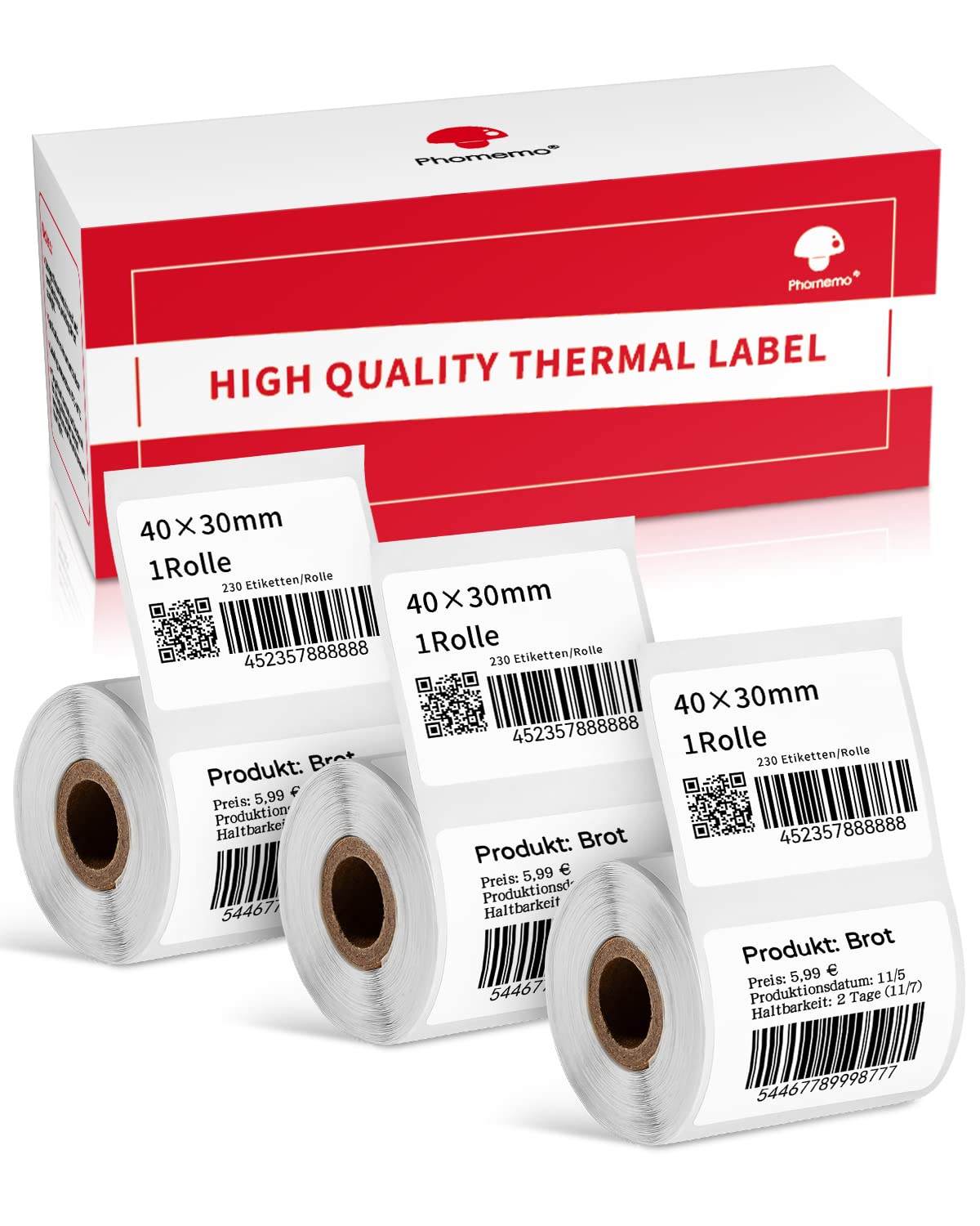 Phomemo 3 rollen thermo-labelpapier voor Phomemo M120/M110/M200/M220 labelprinter, thermopapier voor barcode, naam, prijskaartje etiket 1,57 ''x1,18'' (40x30mm), 230 etiketten/rol