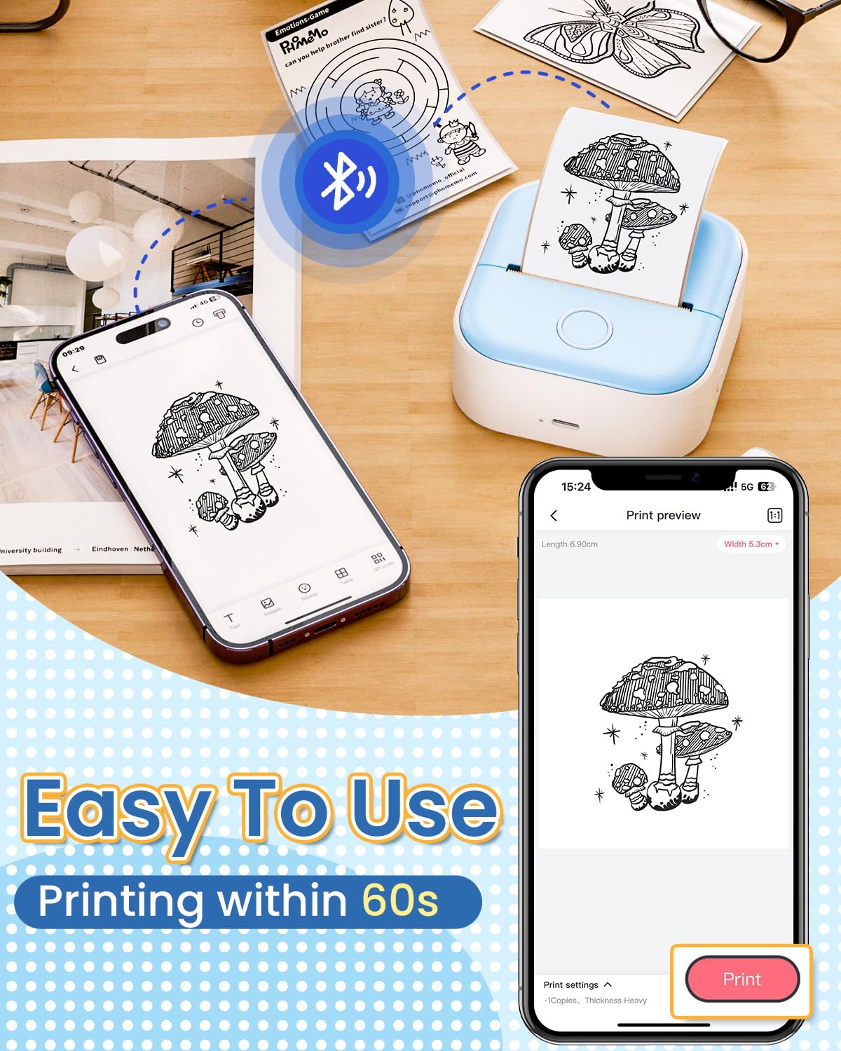 Phomemo Mini Sticker Printer - T02 Mini Thermal Printer, Inkless Sticker Printer with 3 Paper Rolls, Bluetooth Small Printer for Journal, Photos, Notes - Blue