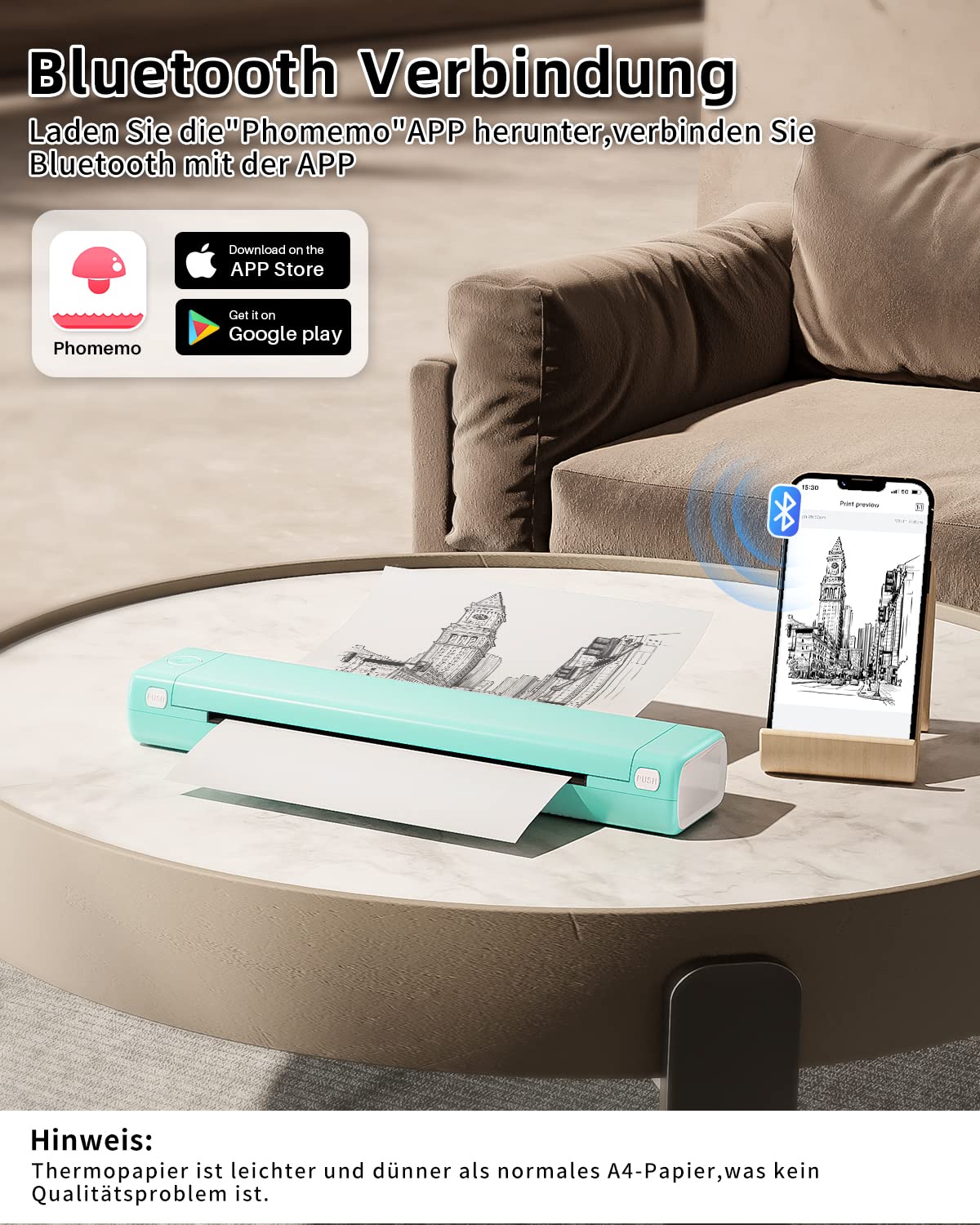 Przenośna drukarka Phomemo M08F – przenośna drukarka podróżna Bluetooth do laptopa, mobilna drukarka A4 w podróży, obsługuje papier termiczny A4, do transferu tatuażu