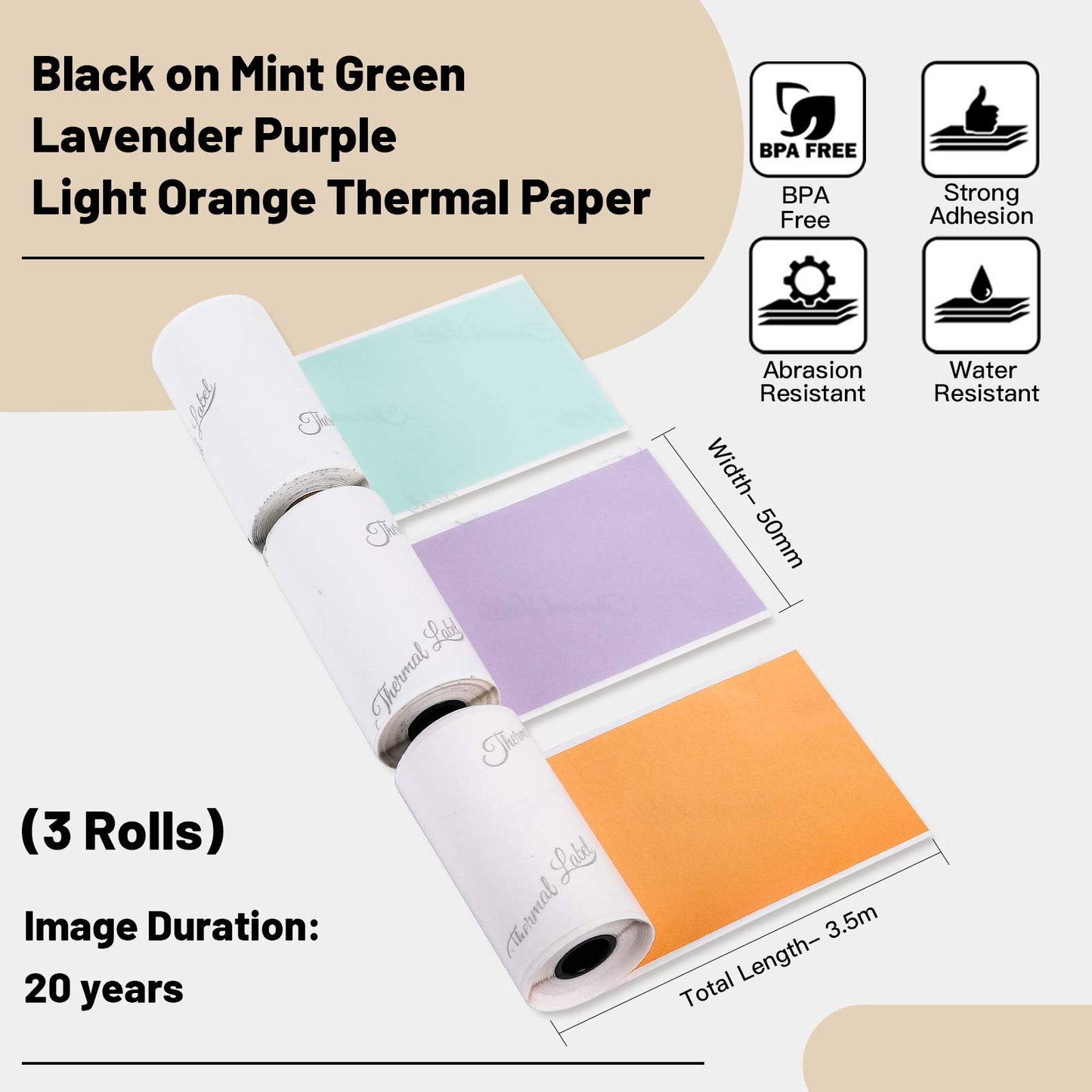 Phomemo Yaz?c? Ka??d? - M02/M02Pro/M02S/M03/M03AS/M04S/M04AS Mini ??kartma Yaz?c? Ka??d?, Ye?il/Lila/Turuncu Mini Bluetooth Pinter Ka??t, 50 mm x 3,5 m Kendinden Yap??kanl? ??kartma Ka??t, 3 Rulo