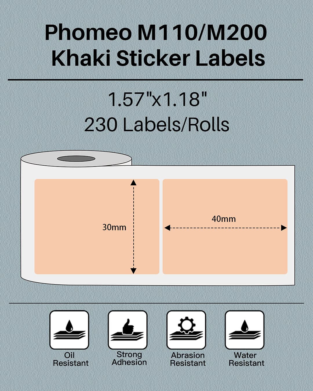 Phomemo Sticker Label M110/M221/M220/M120/M200/M110S Thermal Label- Black on Khaki 1.57''x1.18''(40x30mm) for Small Business, Home, Office, 230 Labels/Roll