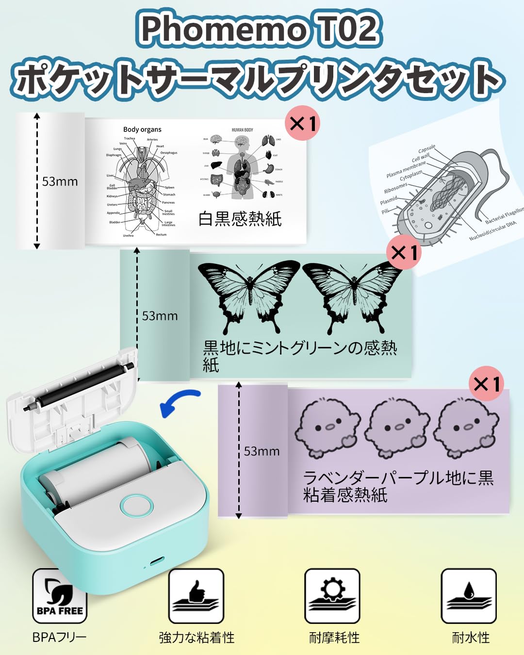 サーマルプリンター Phomemo T02 スマホ対応 ミニ モバイルプリンター 3ロールシール付き セット ポータブル型 ミニ感熱 コンパクト フォトプリンター Bluetooth接続 写真/ハガキ/リスト/領収書/付箋/ワード/ウェブラベル/ラベル/勉強ノート/整理収納/宛名用 学生 友人 家族 新生活 プレゼント ギフト 在宅勤務 自宅学習 予定表 グリンー