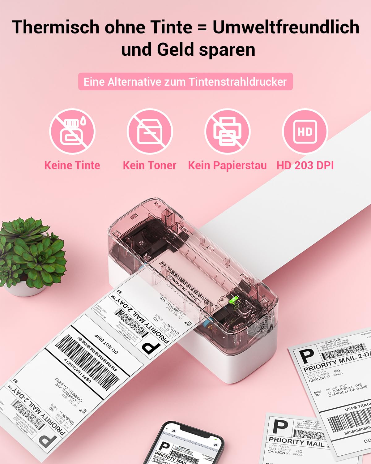 Phomemo Bluetooth etiket yazıcı, DHL termal yazıcı 4XL etiket yazıcısı, Mac/PC için, Nakliye etiket yazıcısı, barkod, Amazon, Ebay, Etsy & Shopify, DHL ups için etiket yazıcısı - pembe