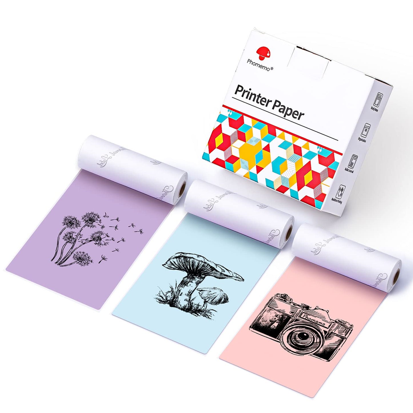 Phomemo 80mm kolorowy papier do drukarki M03/M03AS/M04S/M04AS mini drukarka kieszonkowa, 3 rolki samoprzylepnego papieru kolorowego 80mm x 3,5 m, 20 lat konserwacji, Niebieski/Fioletowy/Różowy