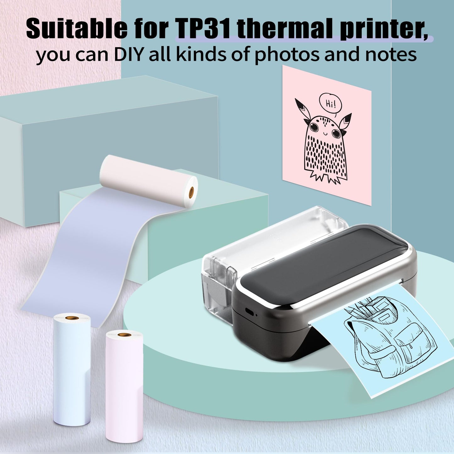 Phomemo Adhesive Thermal Sticker Paper for M832/M03/M03AS/M04S/M04AS Printer, Black on Purpple/Pink/Blue, 3.03''(77mm) Width X 3.5m Length, 3 Rolls, Stored for 20 Years