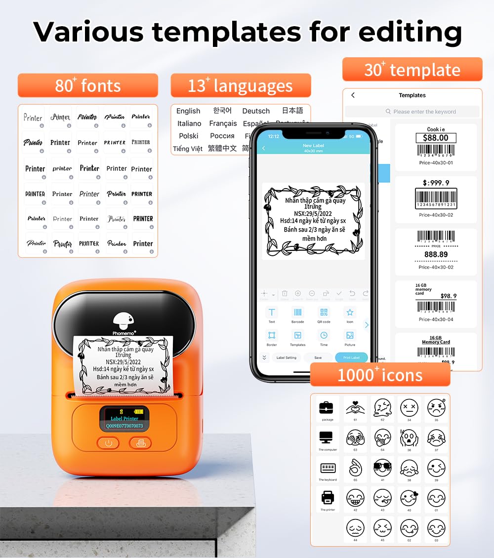 Label Maker, Label Maker Machine with Tape Phomemo M110, Bluetooth Label Printer with Multiple Icons Fonts, Mini Portable Thermal Sticker Printer Apply to Labeling, Office, Cable, Retail, Barcode