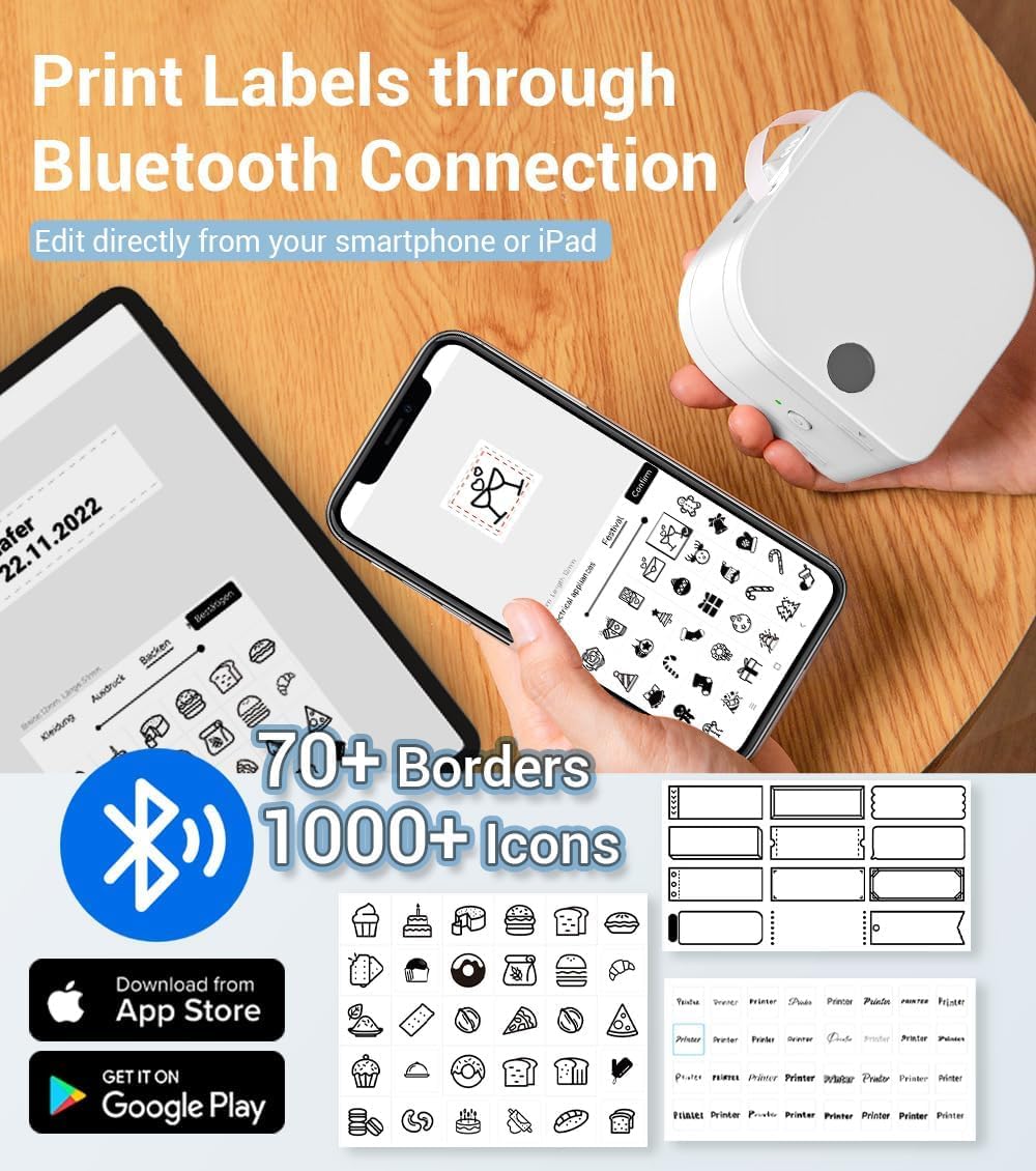 Phomemo P12 ¨¦tiqueteuse Bluetooth, Mini ¨¦tiqueteuse Bluetooth autocollante compatible avec iOS et Android Phone, imprimante d'¨¦tiquettes pour la maison et le bureau, blanc