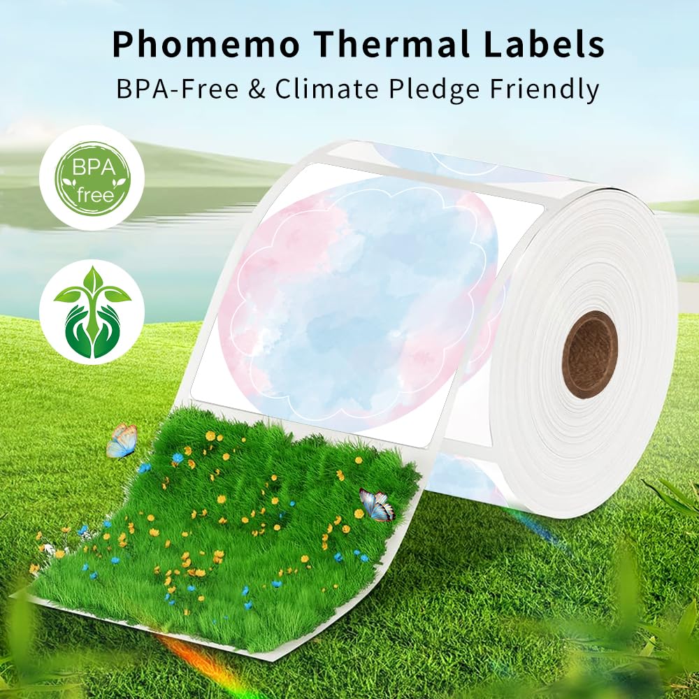 Phomemo Okr?g?e etykiety dla M110/M221/M220/M120/M200, 1,96'' x 1,96''(50x50 mm) Termiczne okr?g?e etykiety kod¨®w kreskowych/Logo/etykiet upominkowych/etykiet z b?ogos?awie¨½stwem, niebieskie/r¨®?owe