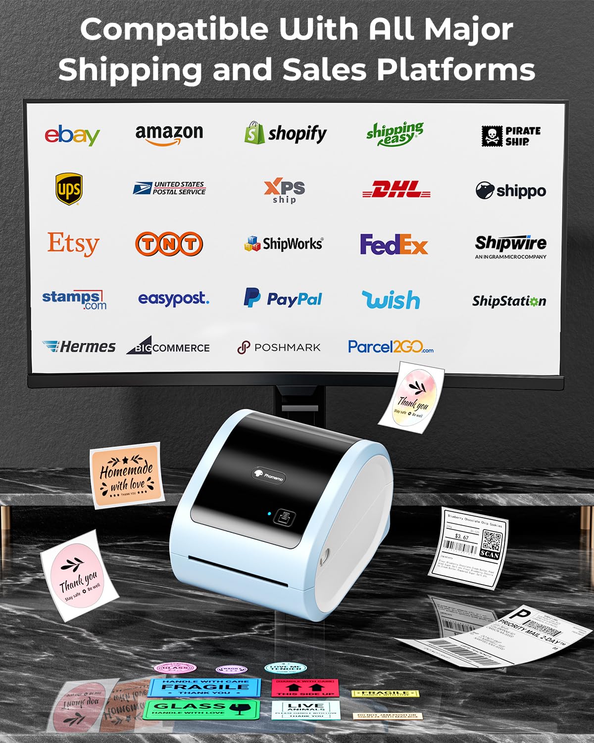 Phomemo Bluetooth DHL Etikettendrucker D520BT,Thermodrucker 4x6,Versandetiketten Drucker,Mobile Thermal Label Printer f¨¹r Kleinunternehmen,for Amazon,Ebay,Shopify,DHL,FedEx,UPS(Blau LabelDrucker