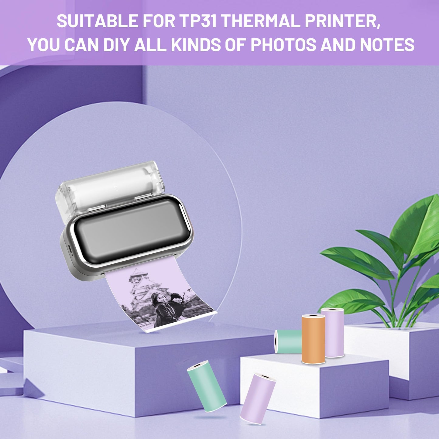 Phomemo Adhesive Thermal Sticker Paper for M832/M03/M03AS/M04S/M04AS Wireless Pocket Printer, Black on Green/Purple/Orange Paper, 3.03''(77mm) Width X 3.5m Length, 3 Rolls, Stored for 20 Years