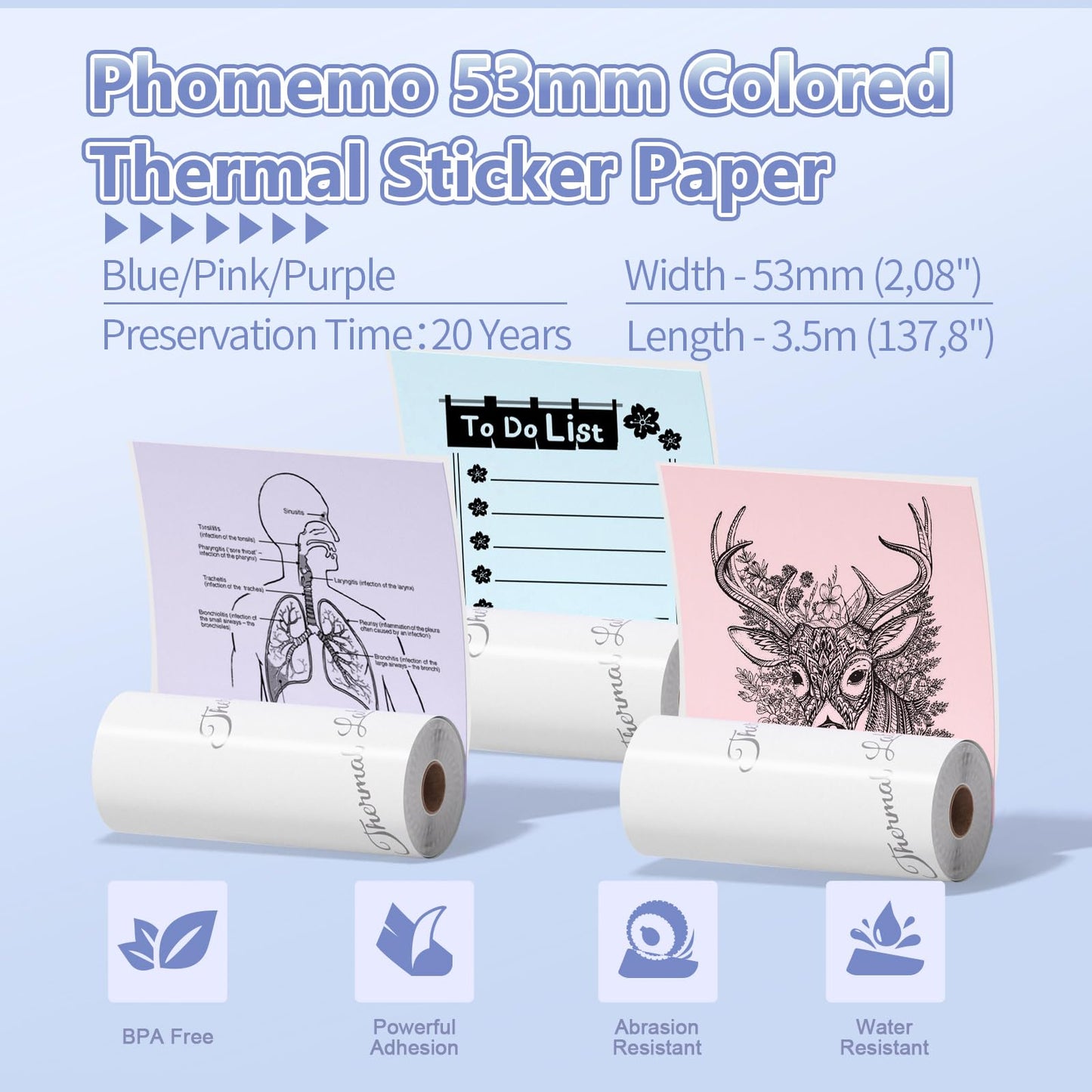 Phomemo 53mm Farbdruckerpapier f¨¹r M02/M02 Pro/M02S/M03/M03AS/M04S/M04AS Mini Taschendrucker, 3 Rollen selbstklebendes Thermo-Farbaufkleberpapier, 50 mm x 3,5 m, 20 Jahre Konservierung, Blau/Rosa/Lila