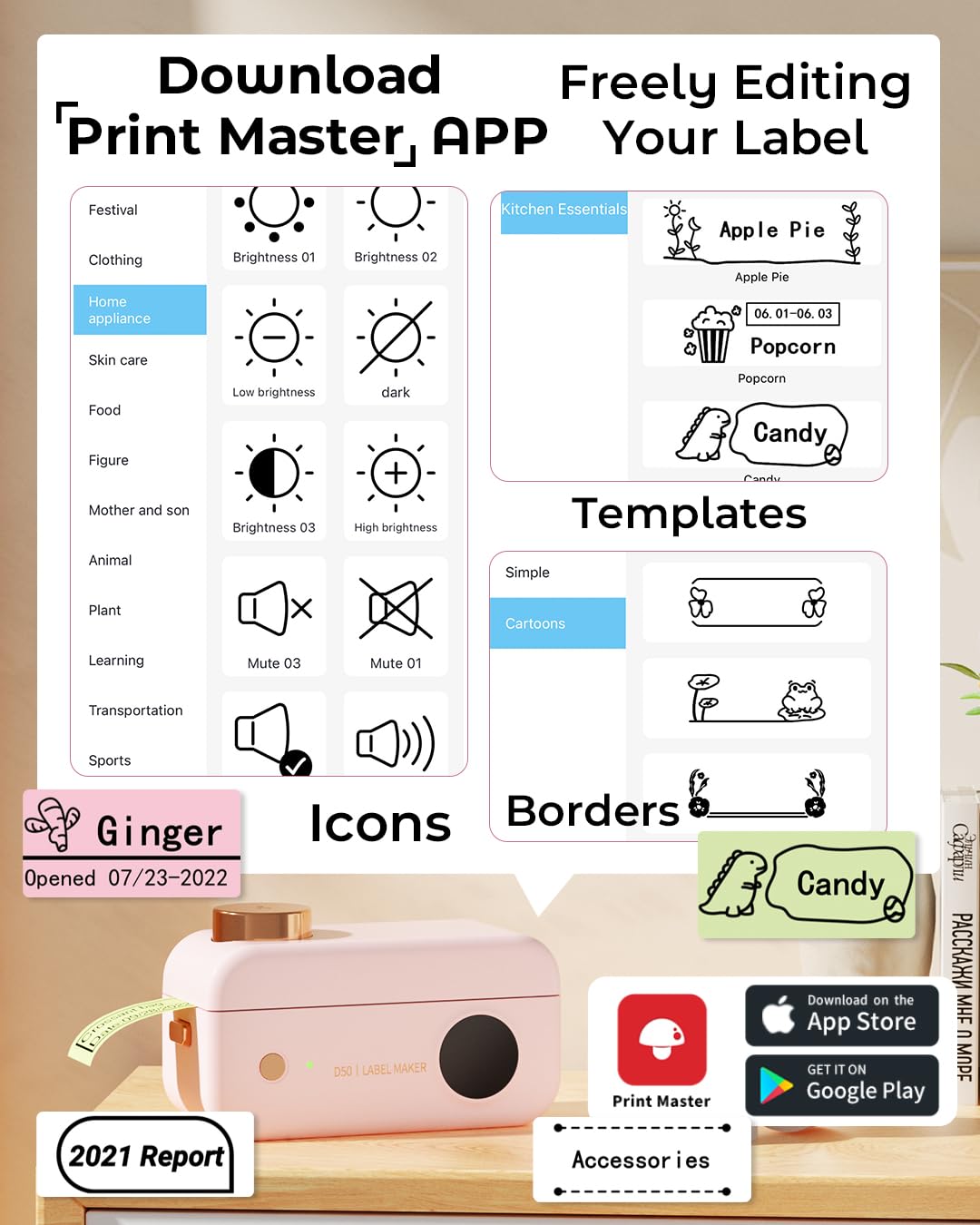 Label Maker Machine- Phomemo D50 Mini Label Maker with Cutter Thermal Label Printer for 3/4'' to 7/8'' Tape, Labeler for Home Organization, School, Office, Gift, Support iOS & Android