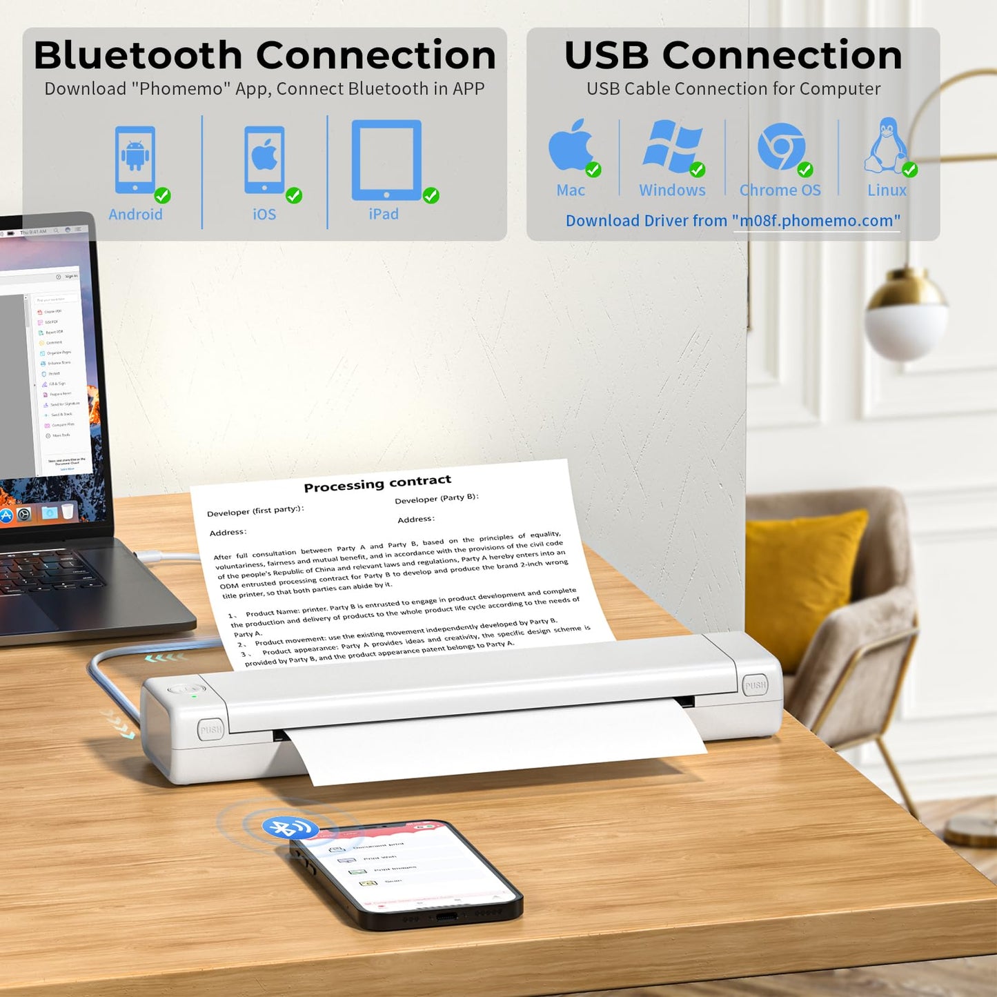 Phomemo Portable Thermal Printer - M08F Bluetooth Inkless Printer Support 8.5'' X 11'' Thermal Paper, Compact Travel Printer Compatible with iPhone, Android & Laptop, Mobile Printer for Study, Work