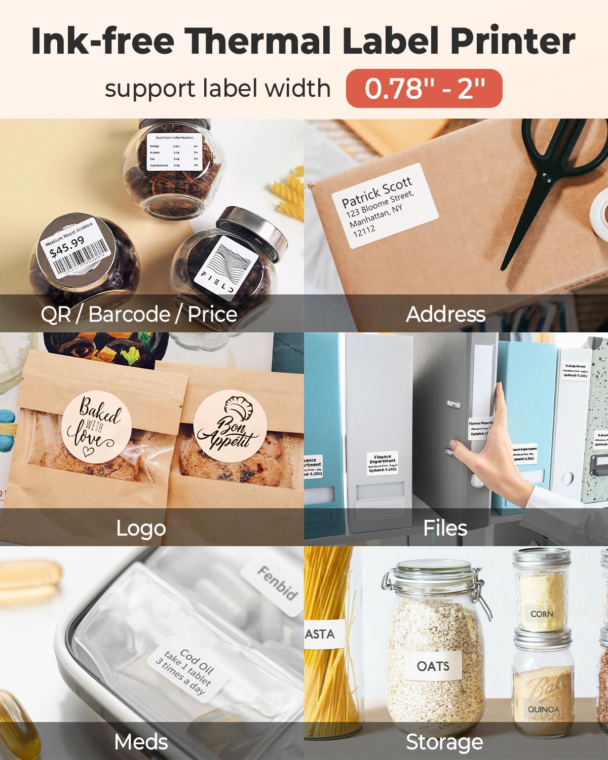 Phomemo M110 Impresora de Etiquetas,Juego de 3 Rollos de Etiquetas,Etiquetadora Autoadhesiva para Teléfono y PC,Impresora de Etiquetas Bluetooth,para el Hogar,La Oficina y la Pequeña Empresa(Naranja