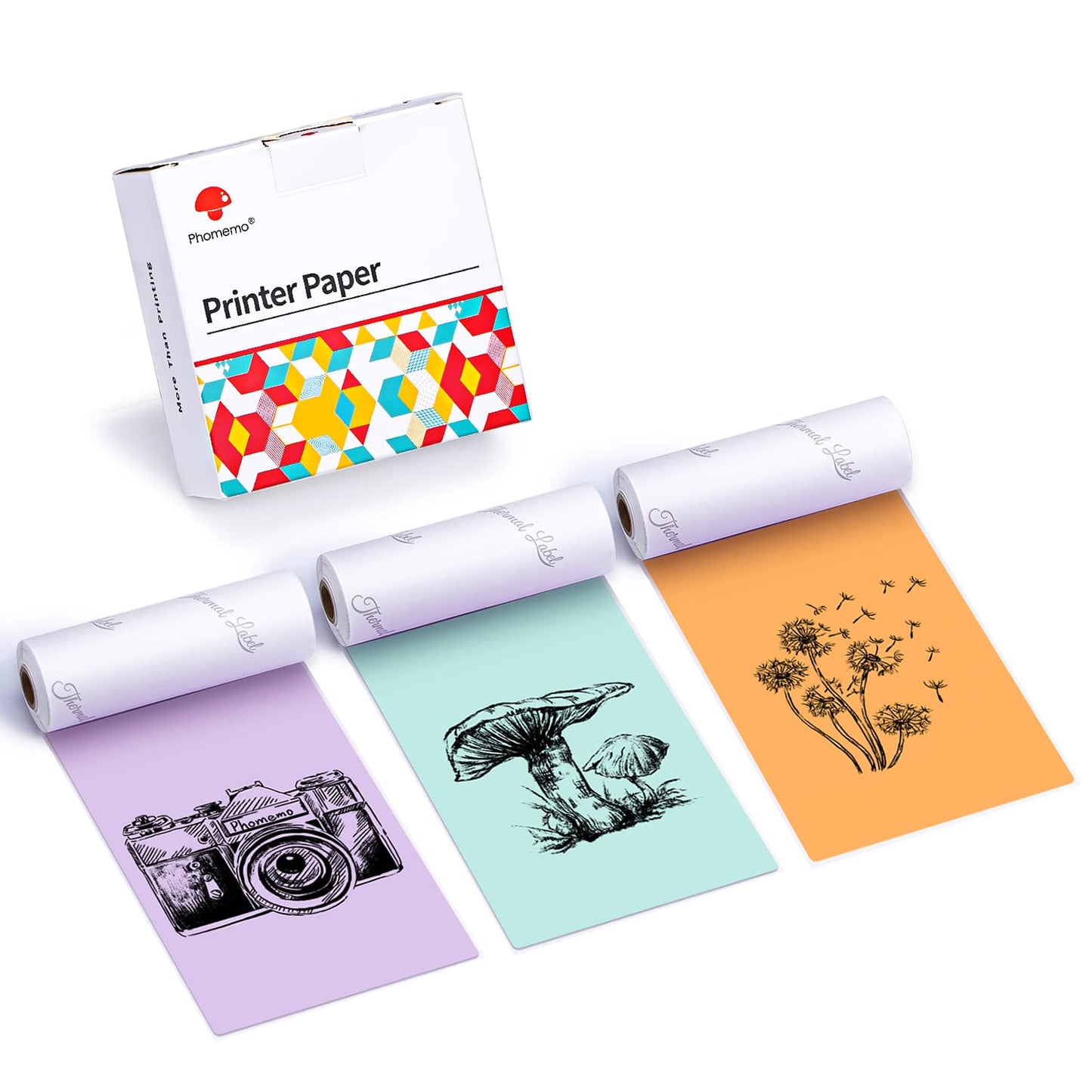 Phomemo 80mm kolorowy papier do drukarki M03, M03AS, M04S, M04AS mini drukarka kieszonkowa, 3 rolki samoprzylepnego papieru kolorowego 80mm x 3,5m, 20 lat konserwacji, liliowy/zielony/pomarańczowy