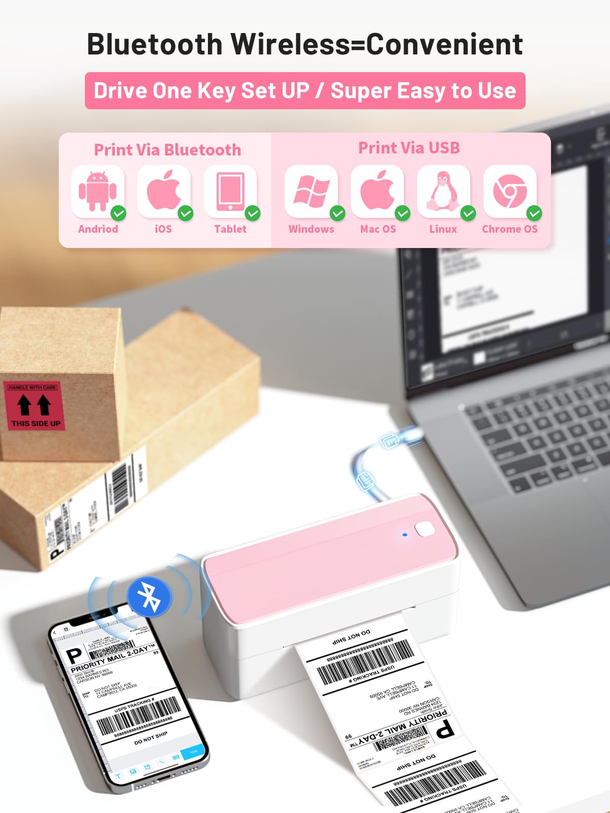 Phomemo Bluetooth Thermal Label Printer, Wireless Shipping Label Printer,Widely Used for Amazon, Ebay, Shopify, Etsy, UPS, USPS, FedEx, DHL GM-241US-PK
