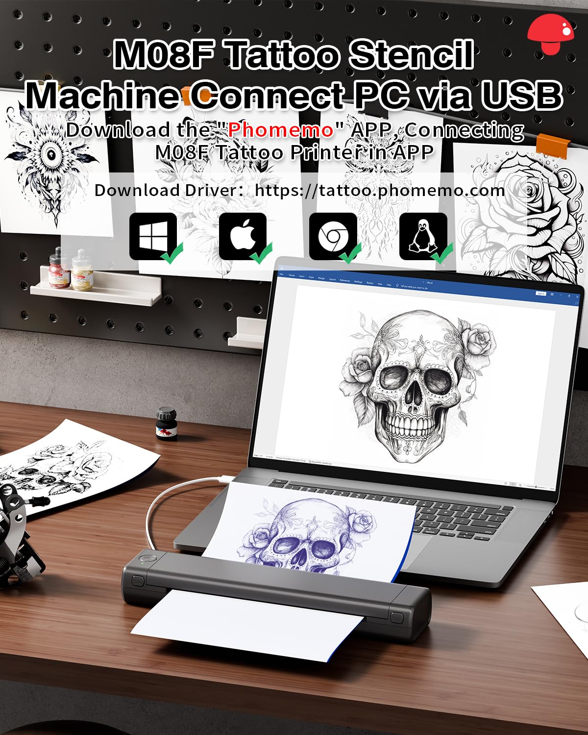 Phomemo Bluetooth Tattoo Stencil Printer, Thermal Tattoo Transfer Machine for Tattoo Artists, Compatible with Phone & PC, with Storage Case & 10Pcs Free Tattoo Transfer Paper, Grey